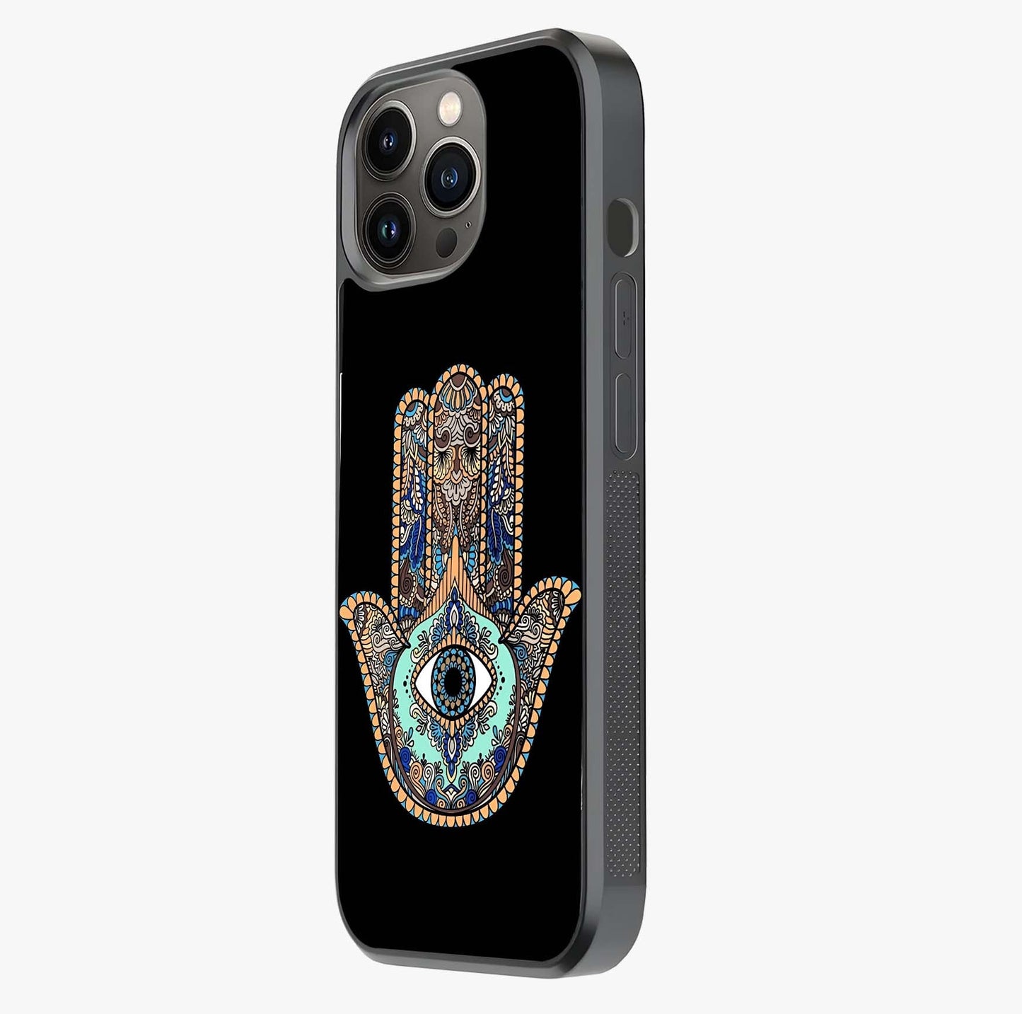 Mystic Hamsa Eye Glass Case photographed in natural light showing reflective finish and design depth.