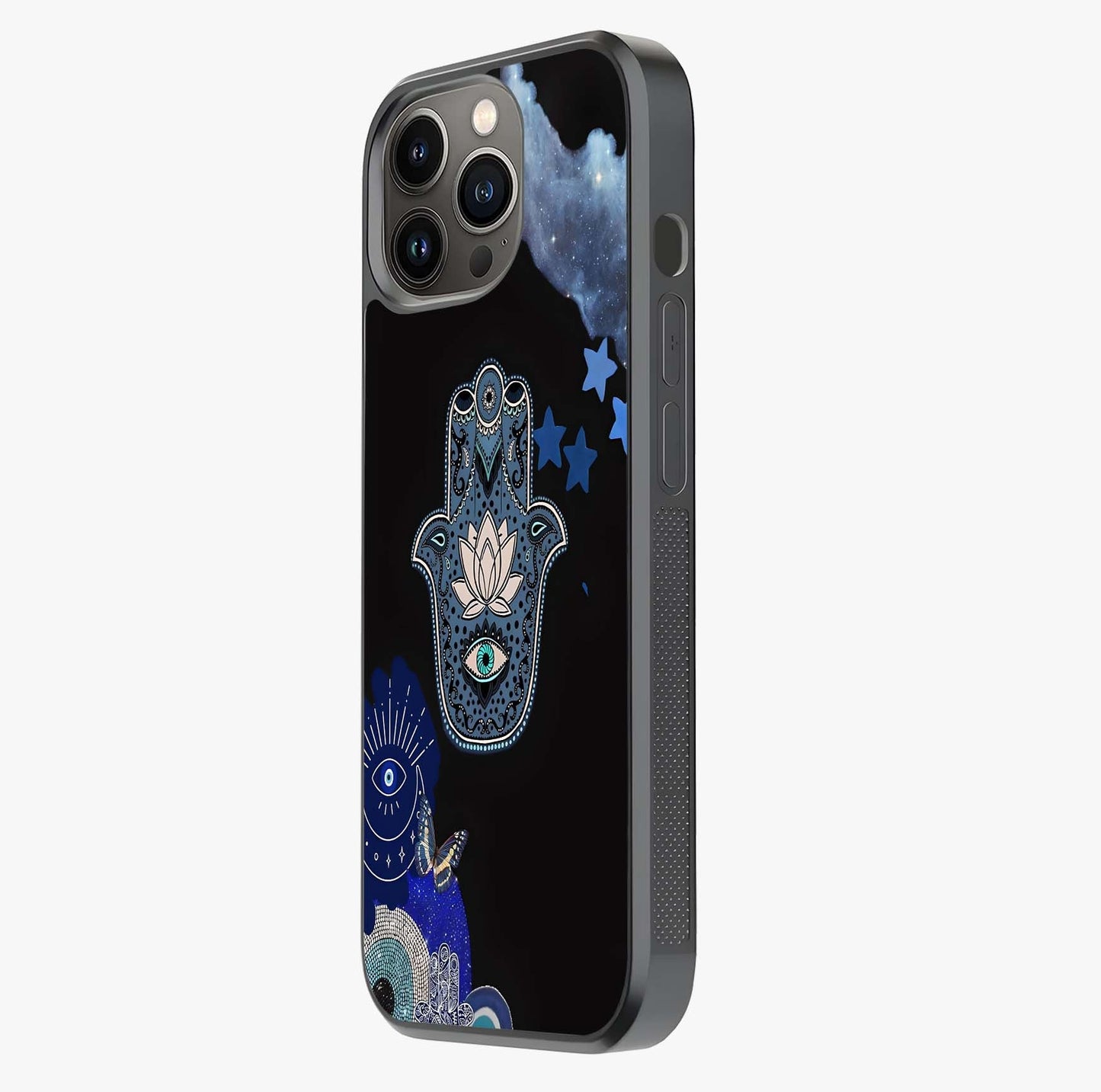 Mystic Hand Aura Glass Case photographed in natural light showing reflective finish and design depth.