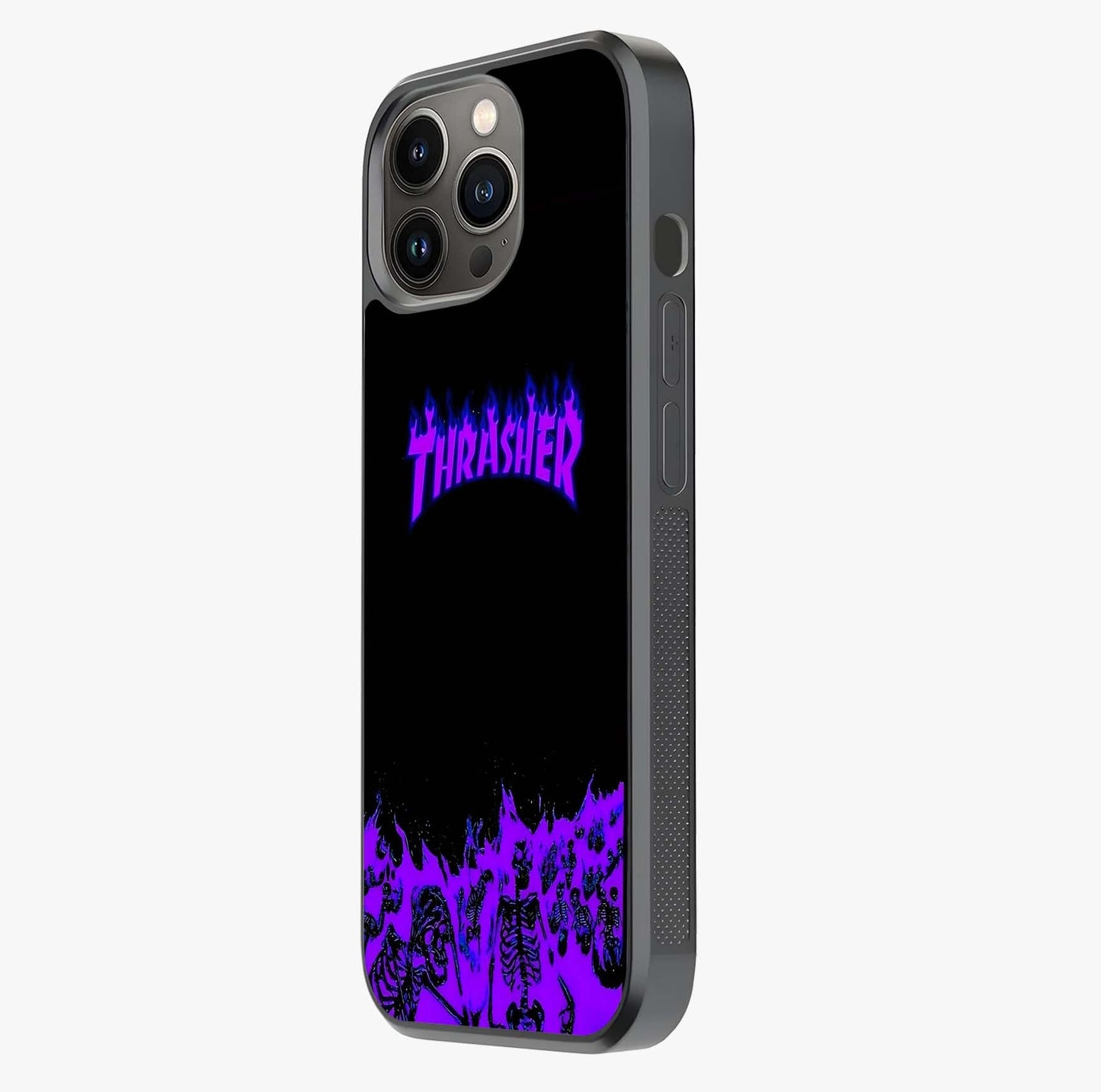 Neon Flame Riot Glass Case photographed in natural light showing reflective finish and design depth.