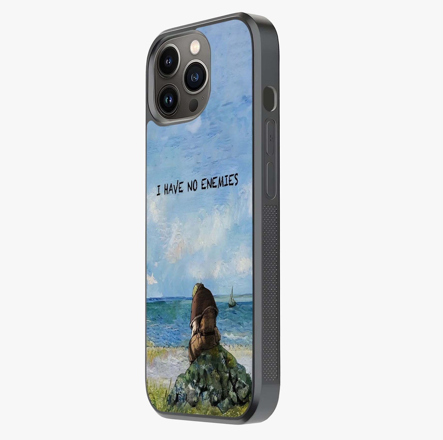 Peace Beyond War Glass Case photographed in natural light showing reflective finish and design depth.
