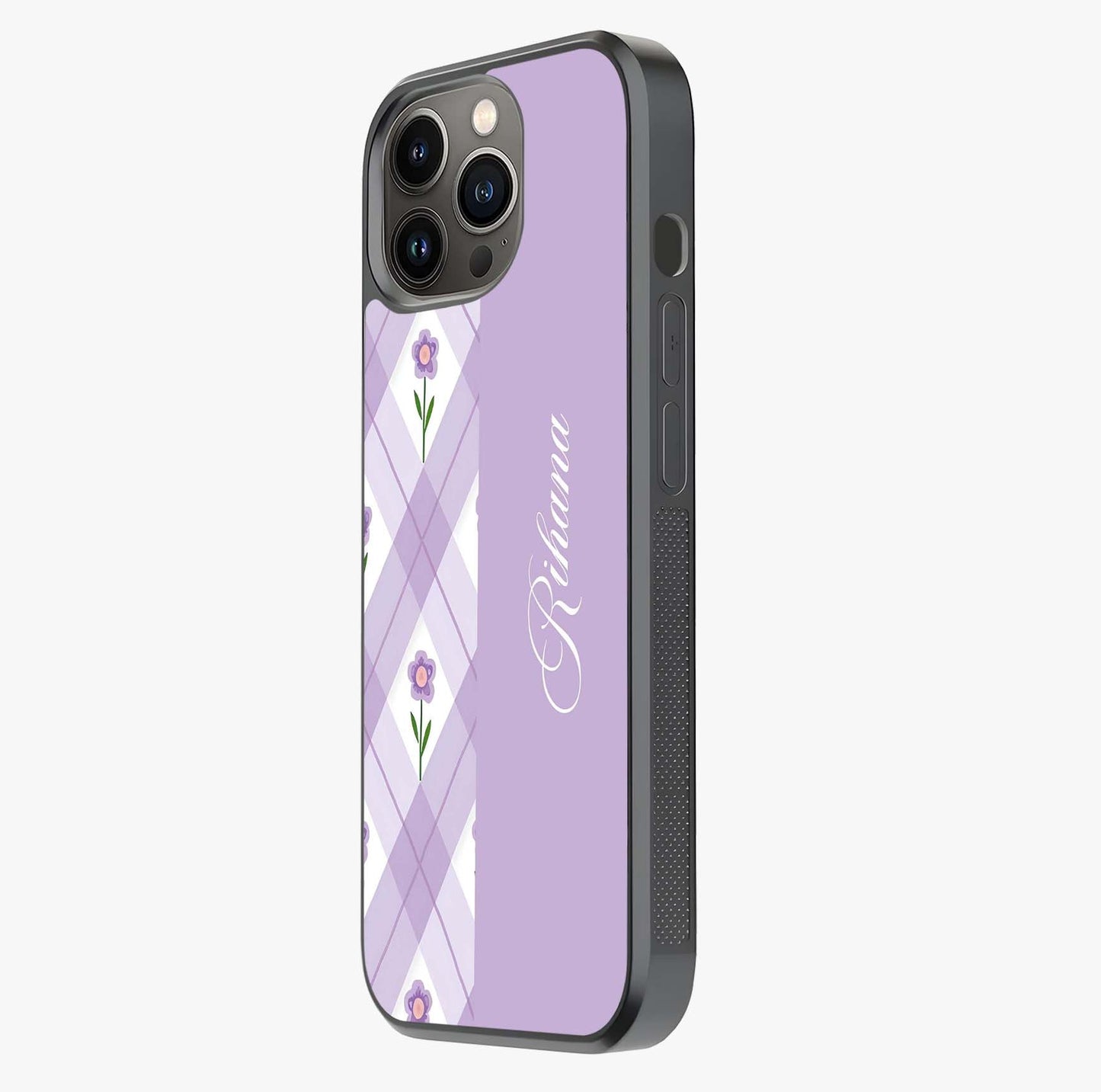 Purple Diamond Floral Glass Case photographed in natural light showing reflective finish and design depth.