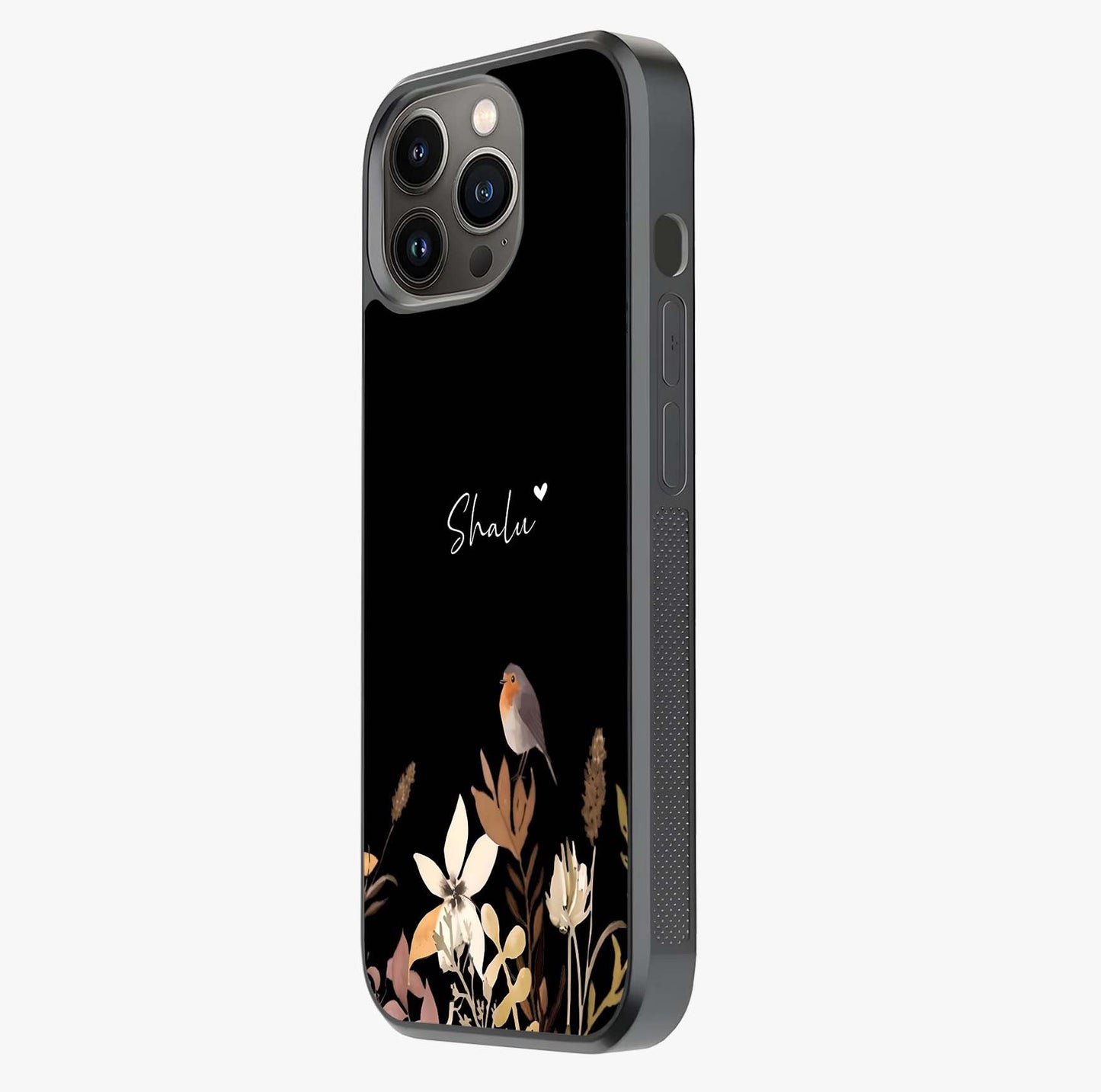 Quiet Garden Tune Custom Name Glass Case photographed in natural light showing reflective finish and design depth.