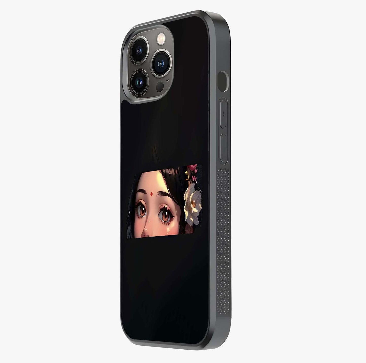 Radha Divine Embrace Glass Case photographed in natural light showing reflective finish and design depth.