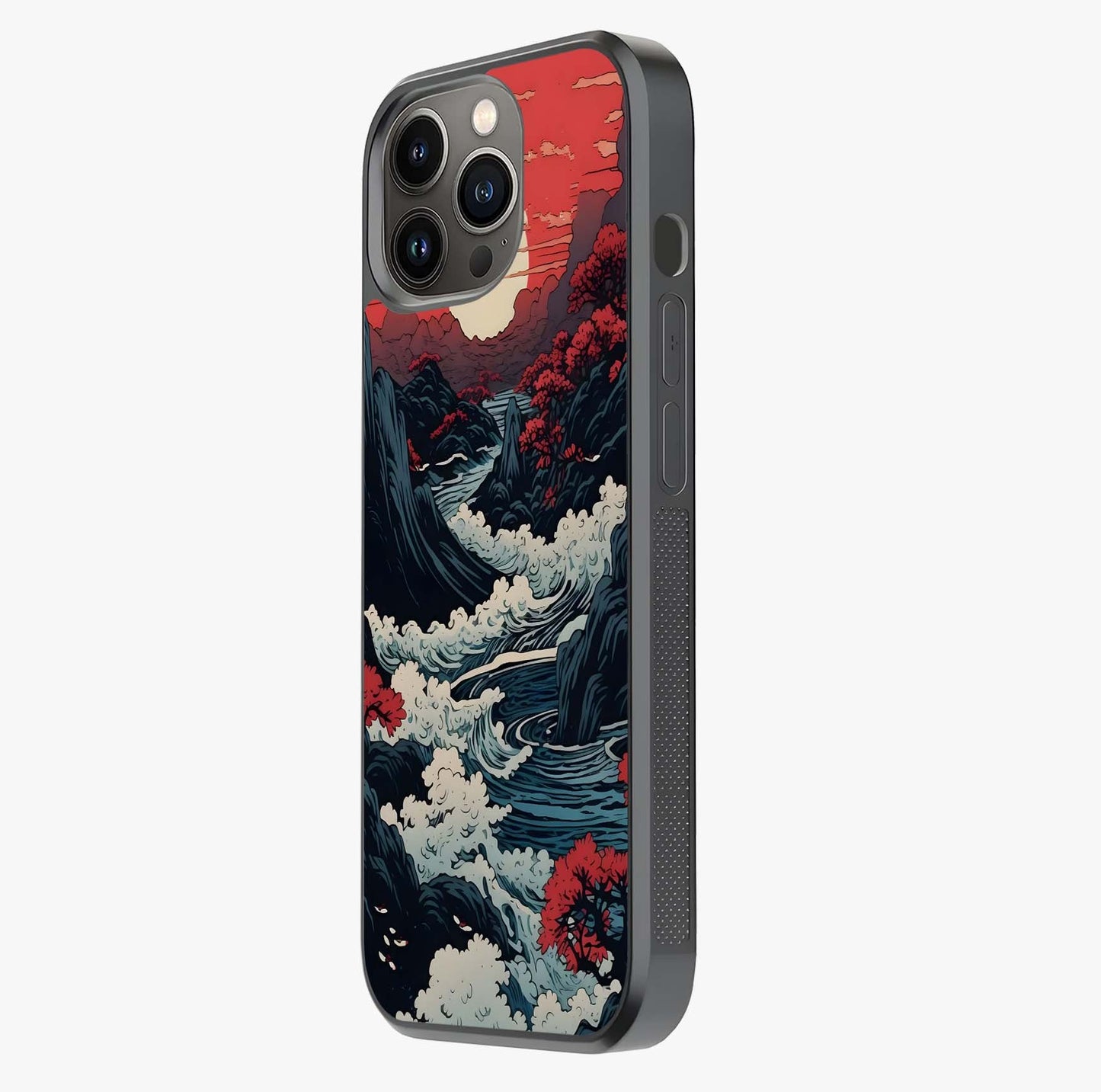 Red Sunset Scenery Glass Case photographed in natural light showing reflective finish and design depth.