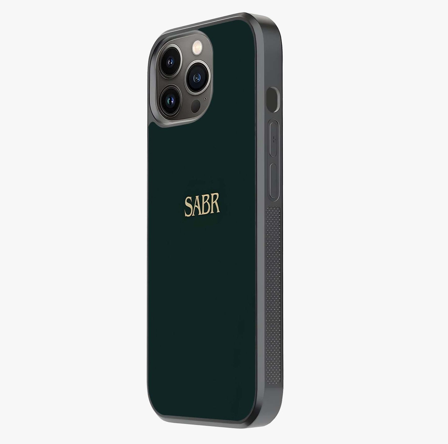 Sabr Minimal Patience Glass Case photographed in natural light showing reflective finish and design depth.