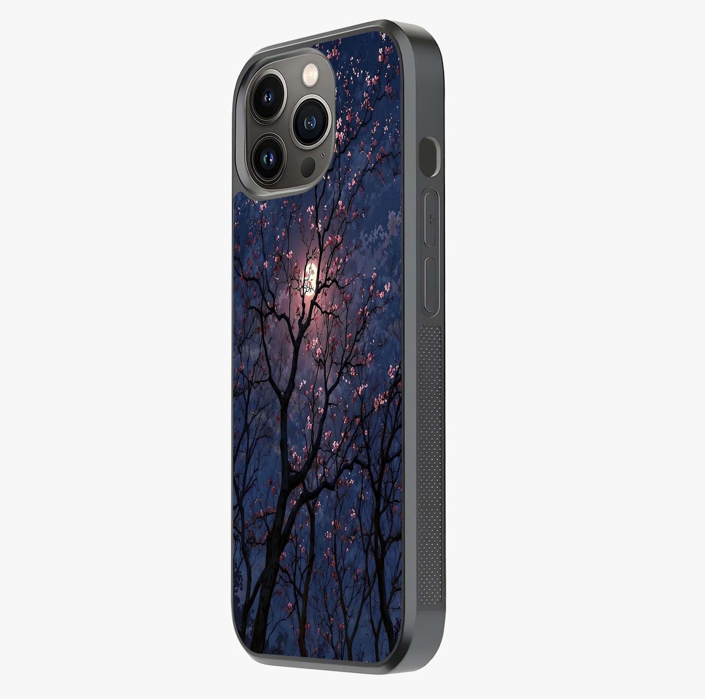 Twilight Sakura Serenade Glass Case photographed in natural light showing reflective finish and design depth.