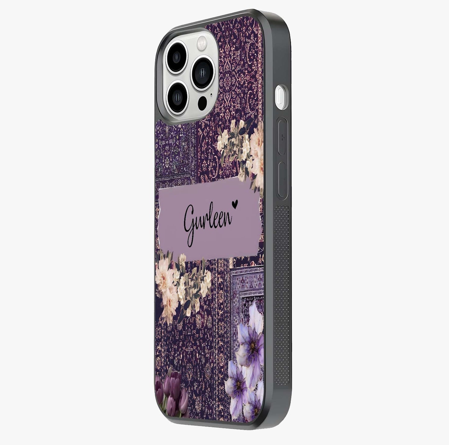 Antique Floral Whisper Custom Name Glass Case photographed in natural light showing reflective finish and design depth.