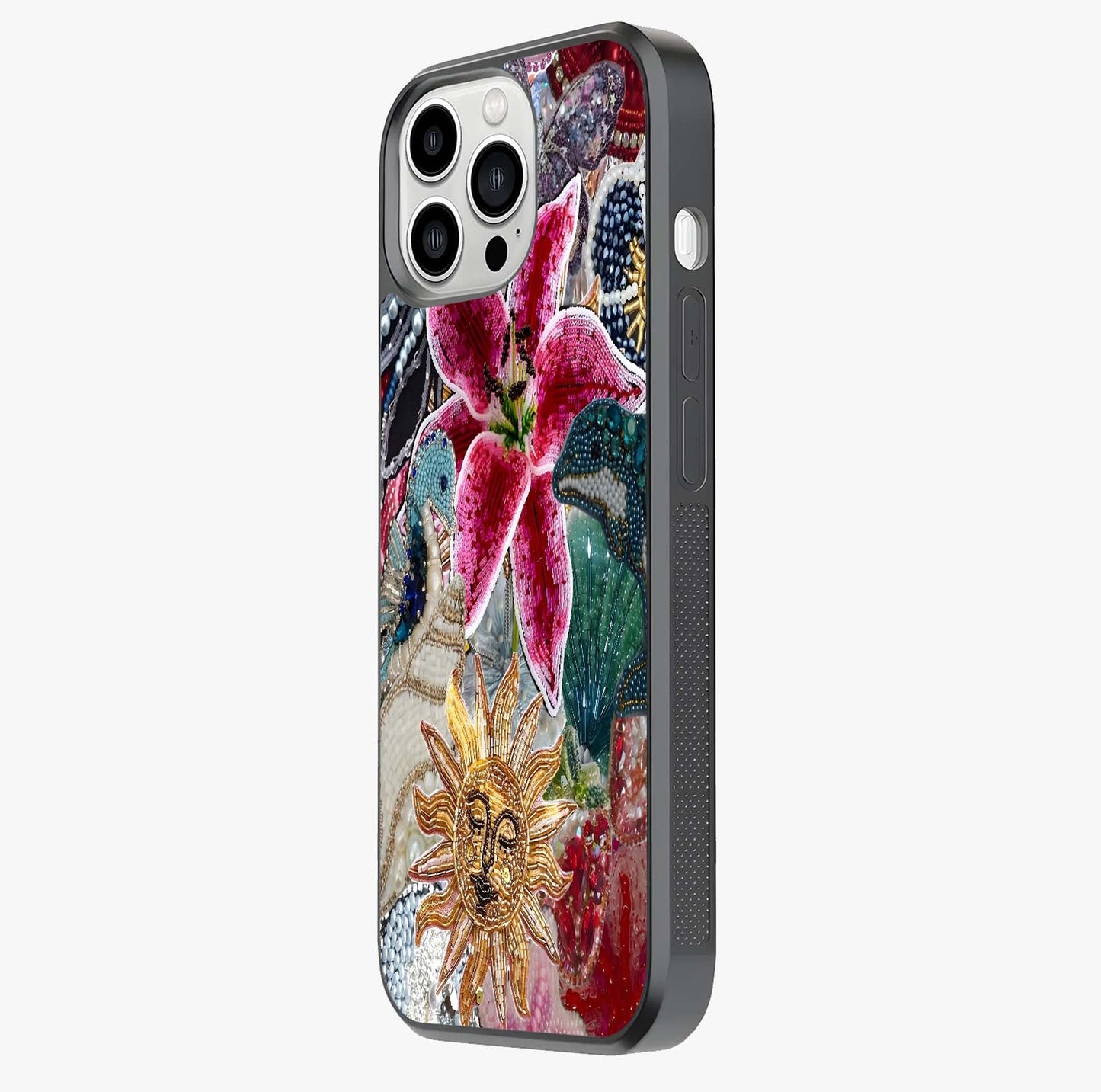 Beaded Garden Fantasy Glass Case photographed in natural light showing reflective finish and design depth.