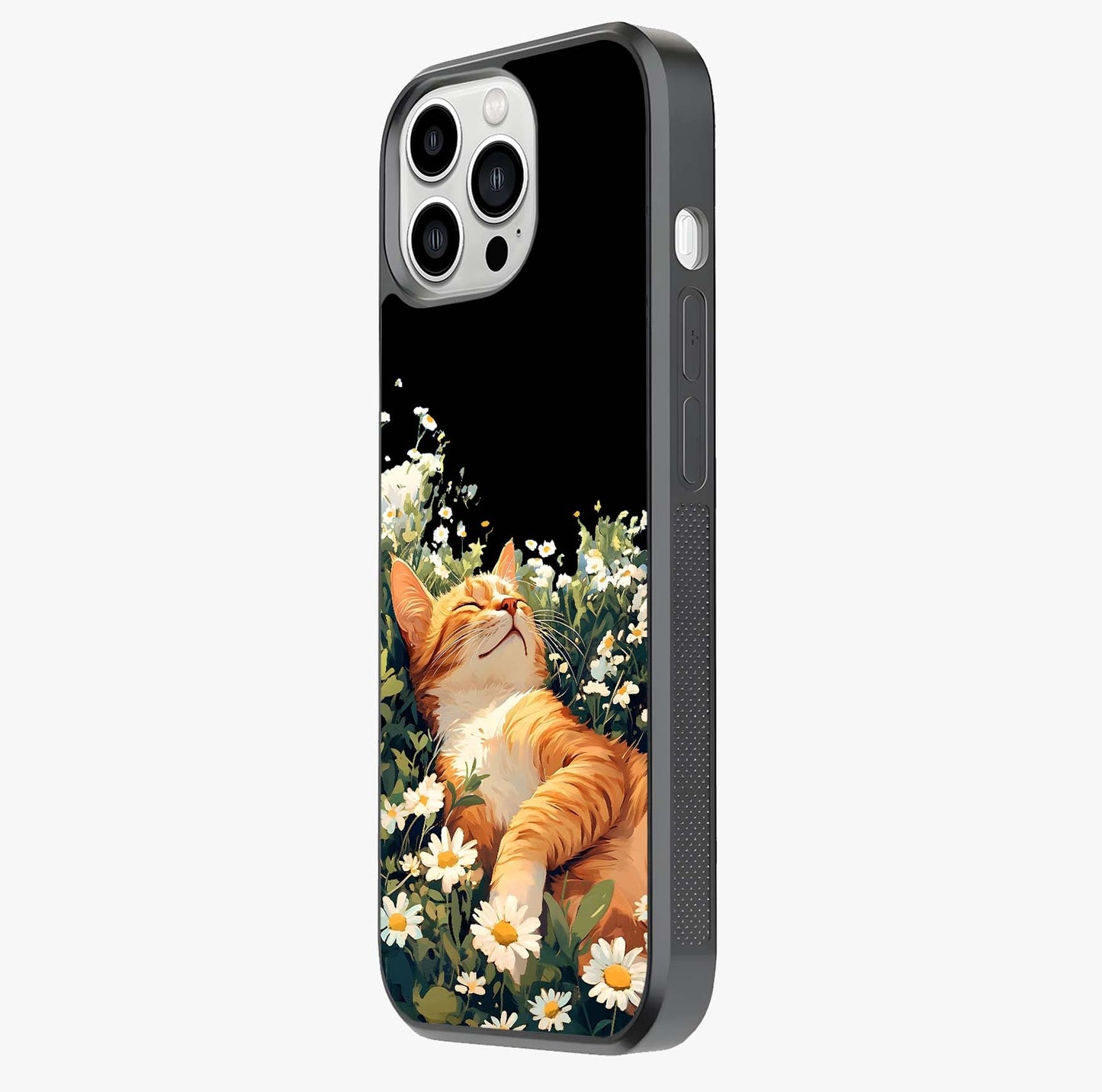 Blissful Bloom Cat Glass Case photographed in natural light showing reflective finish and design depth.