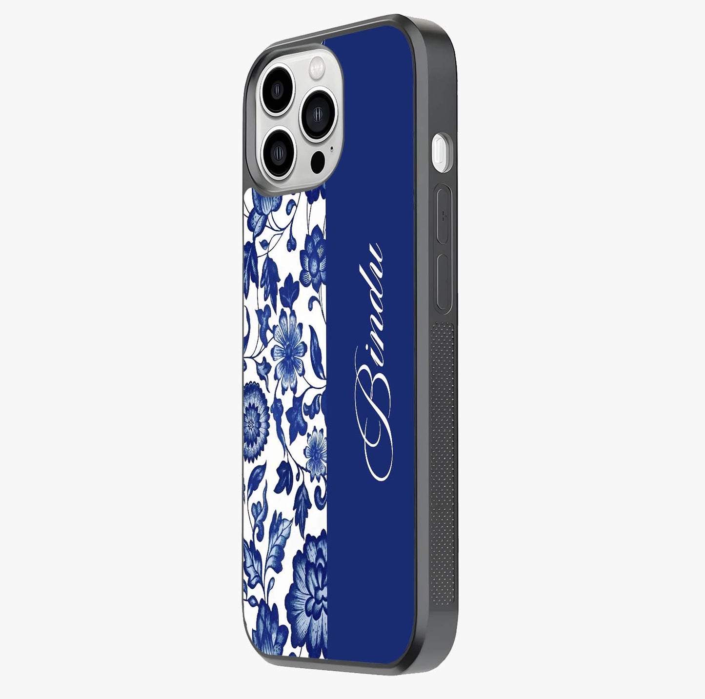 Blue Vintage Floral Pattern Glass Case photographed in natural light showing reflective finish and design depth.