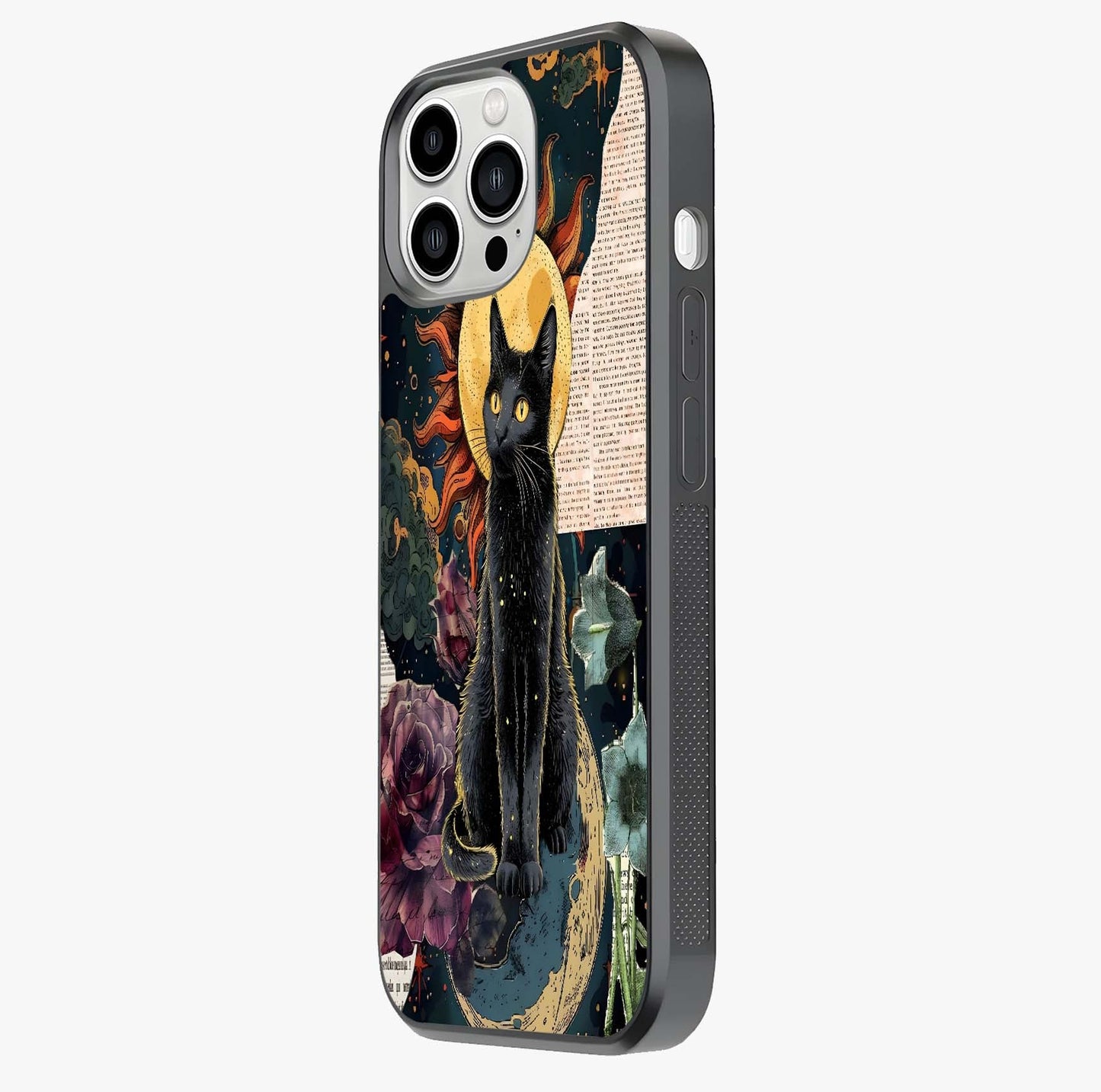 Celestial Black Cat Glass Case photographed in natural light showing reflective finish and design depth.