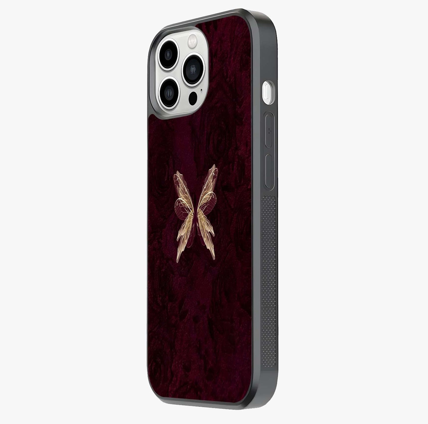 Crimson Fade Butterfly Glass Case photographed in natural light showing reflective finish and design depth.