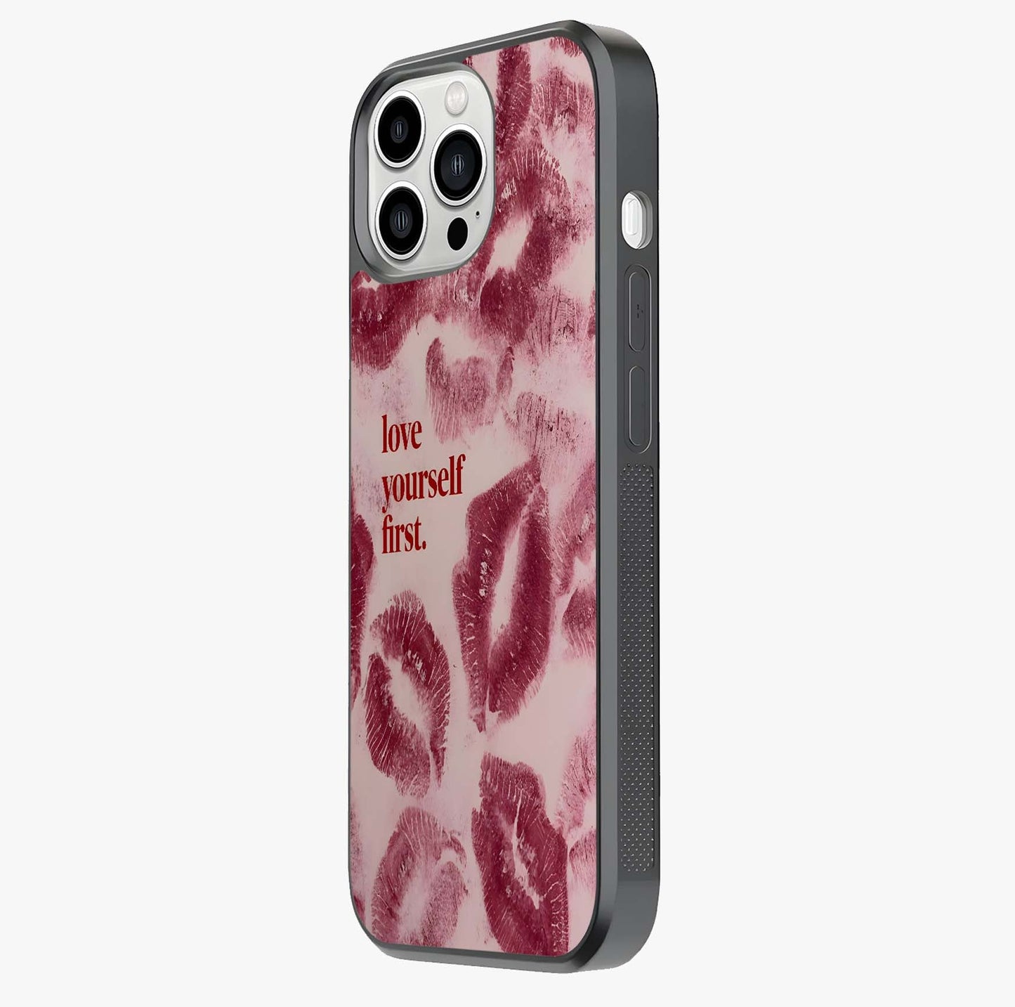Crimson Kiss Love Glass Case photographed in natural light showing reflective finish and design depth.