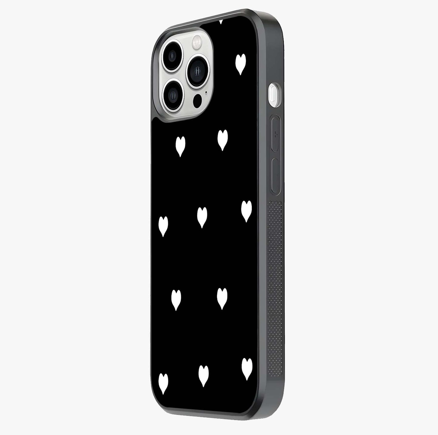 Cute And Simple White Hearts Glass Case photographed in natural light showing reflective finish and design depth.