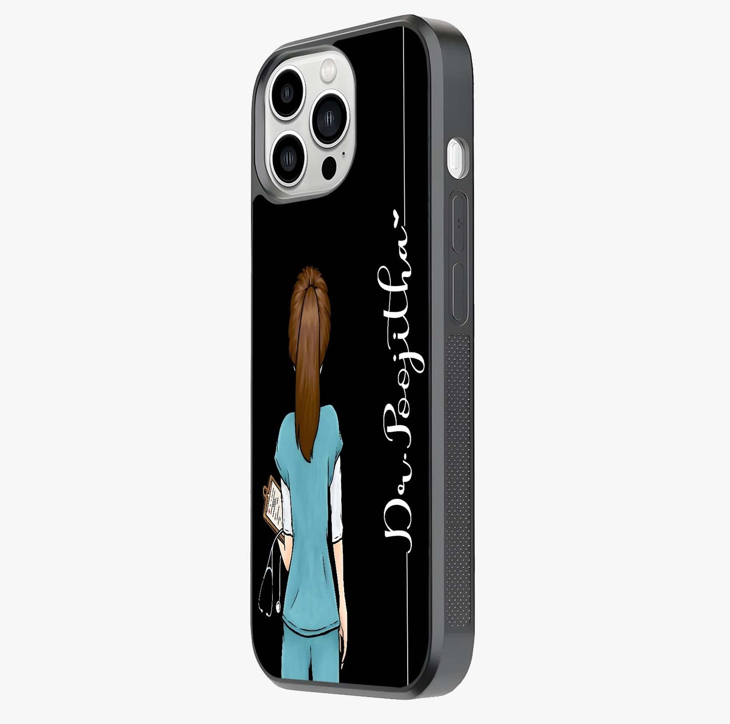 Doctor Pattern Custom Name Glass Case photographed in natural light showing reflective finish and design depth.