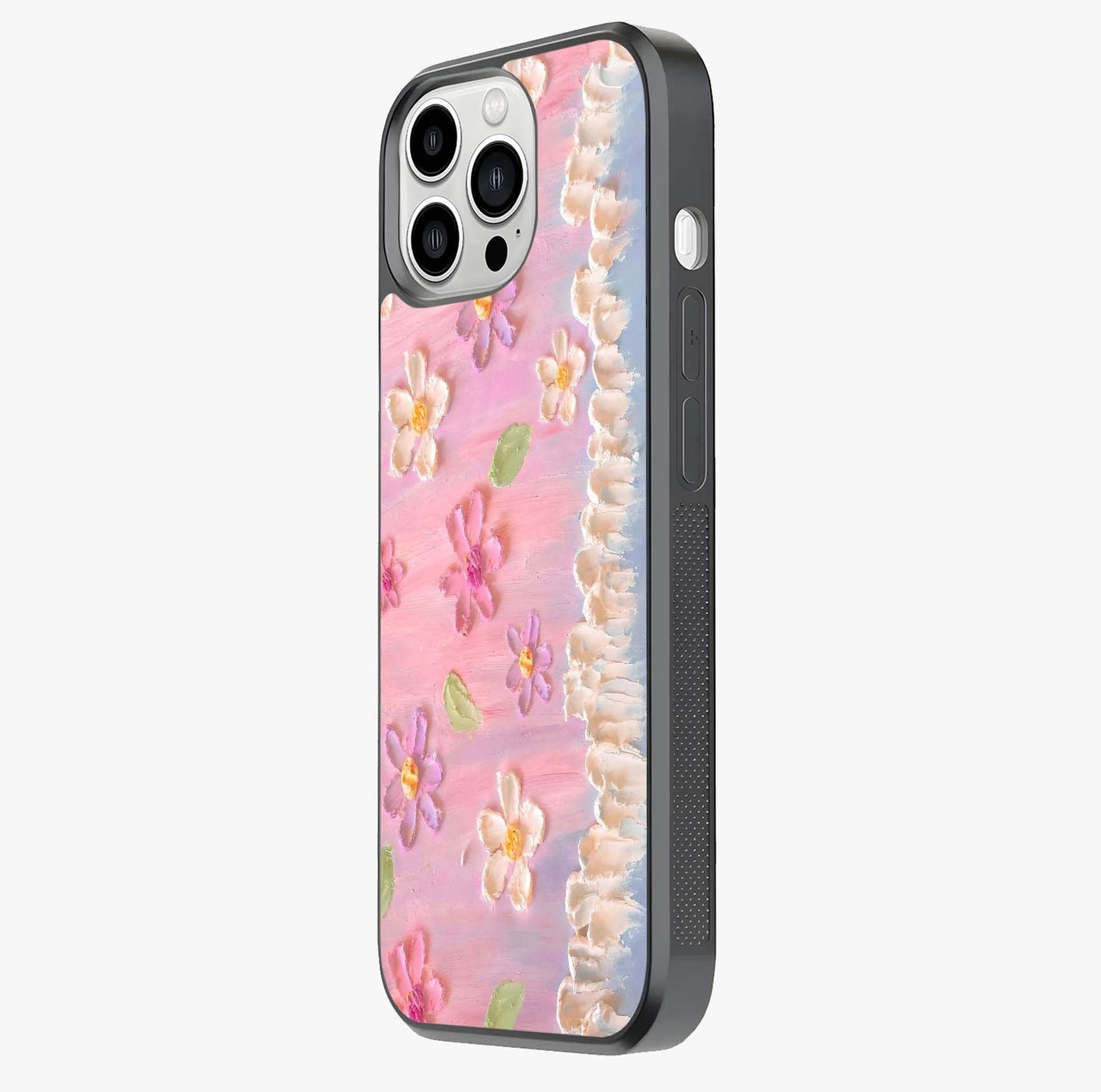 Dreamy Painted Garden Glass Case photographed in natural light showing reflective finish and design depth.