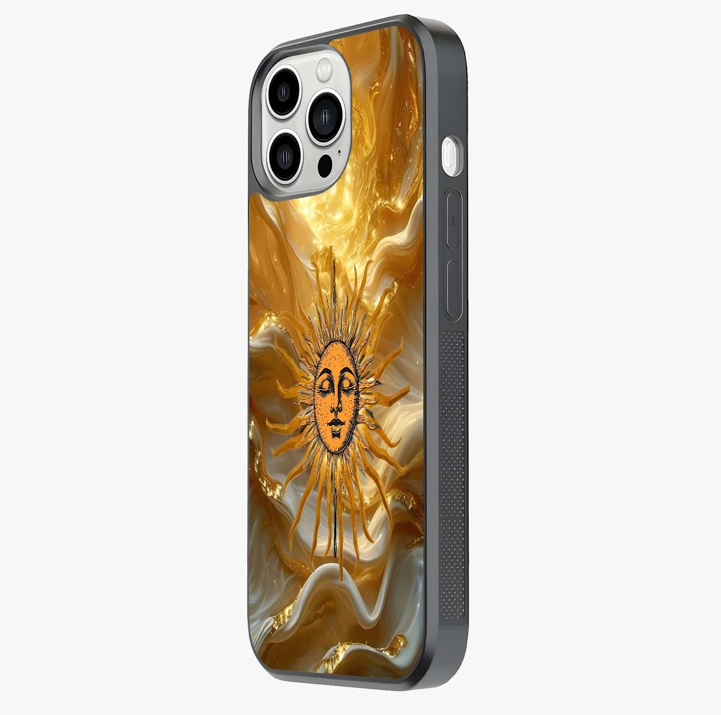 Eternal Golden Glow Glass Case photographed in natural light showing reflective finish and design depth.