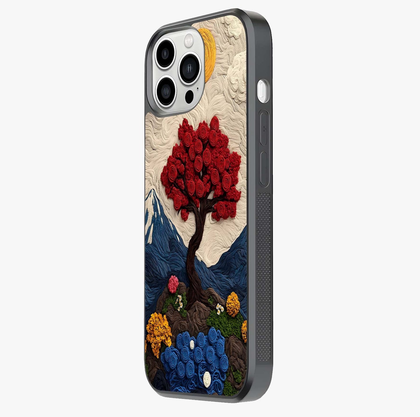 Eternal Nature Tapestry Glass Case photographed in natural light showing reflective finish and design depth.