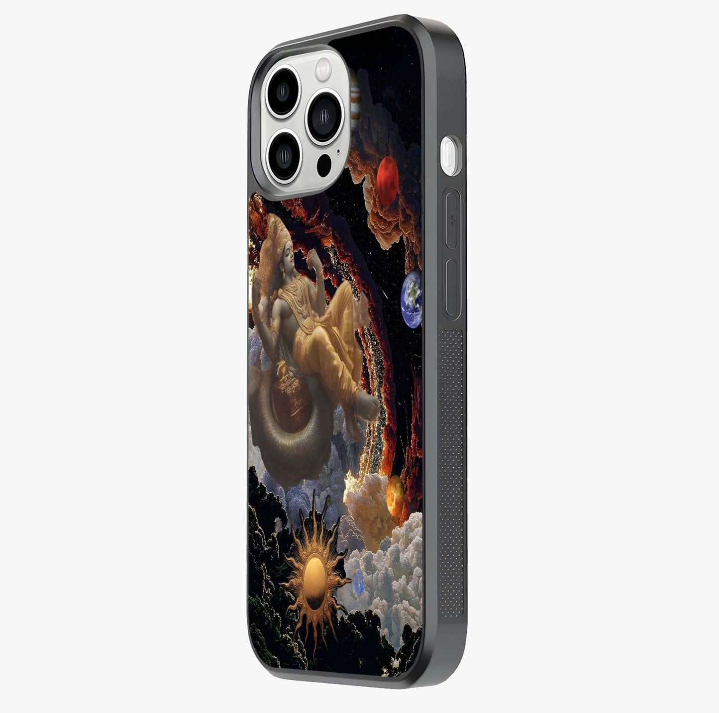 Galactic Divine God Glass Case photographed in natural light showing reflective finish and design depth.