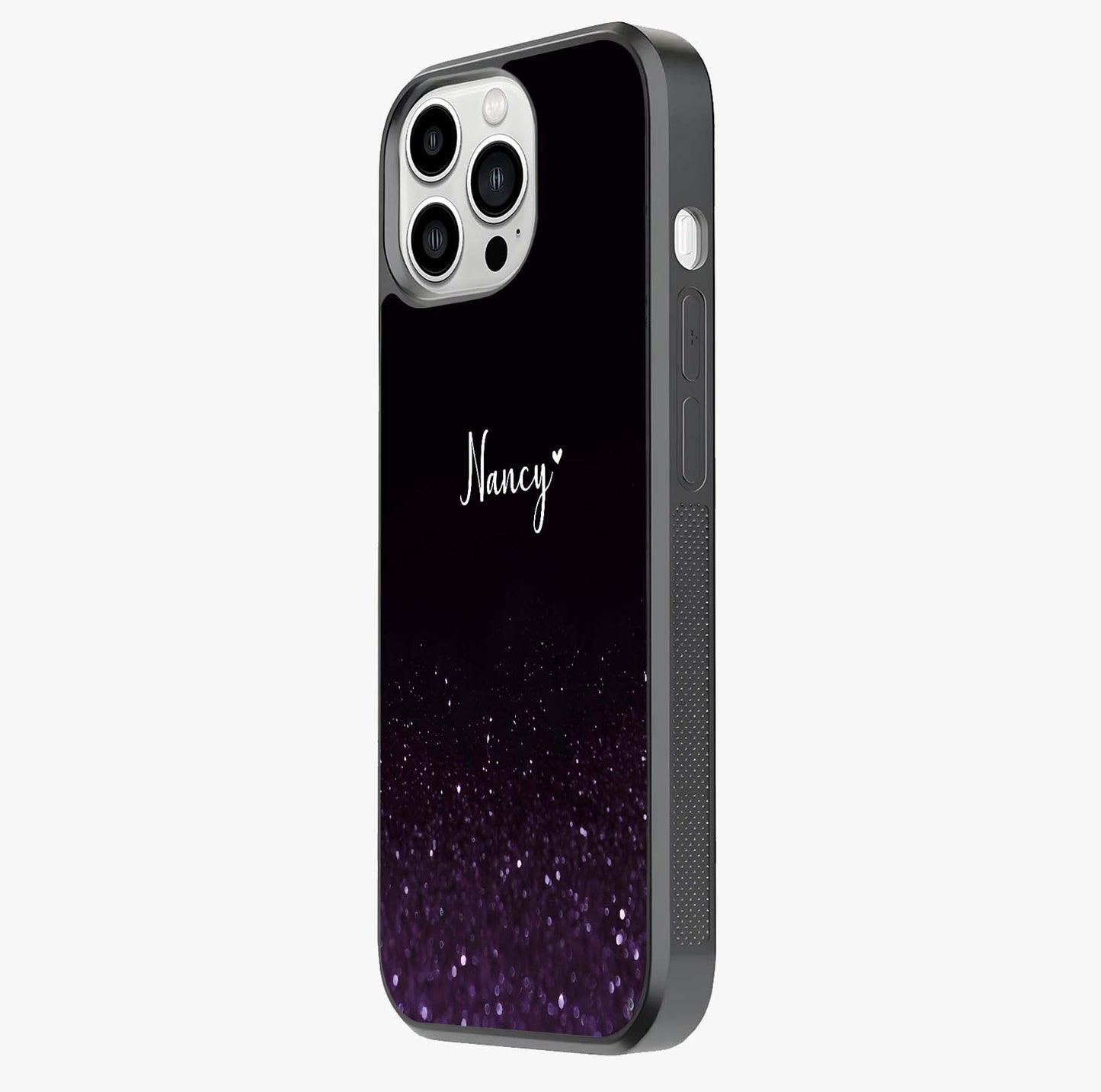 Glittery Purple Bokeh Custom Name Glass Case photographed in natural light showing reflective finish and design depth.