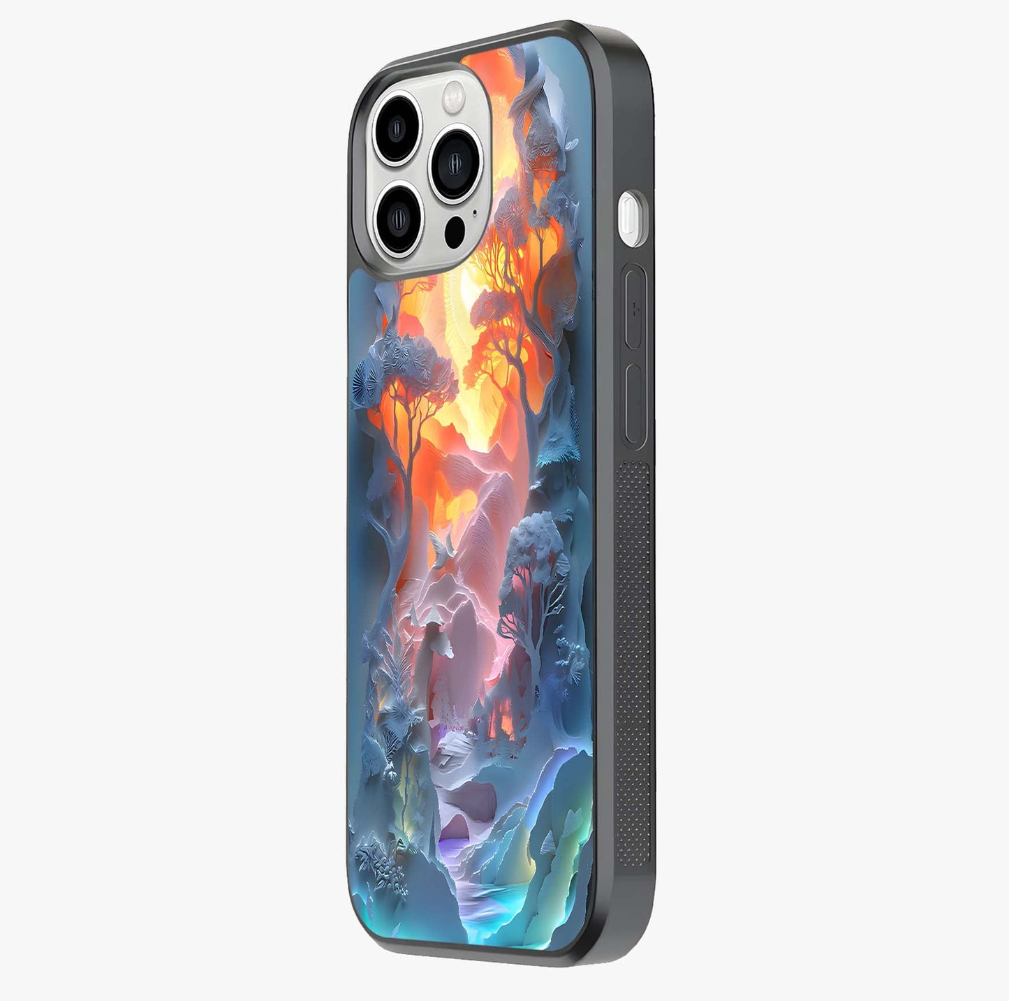 Glow Forest Portal Glass Case photographed in natural light showing reflective finish and design depth.
