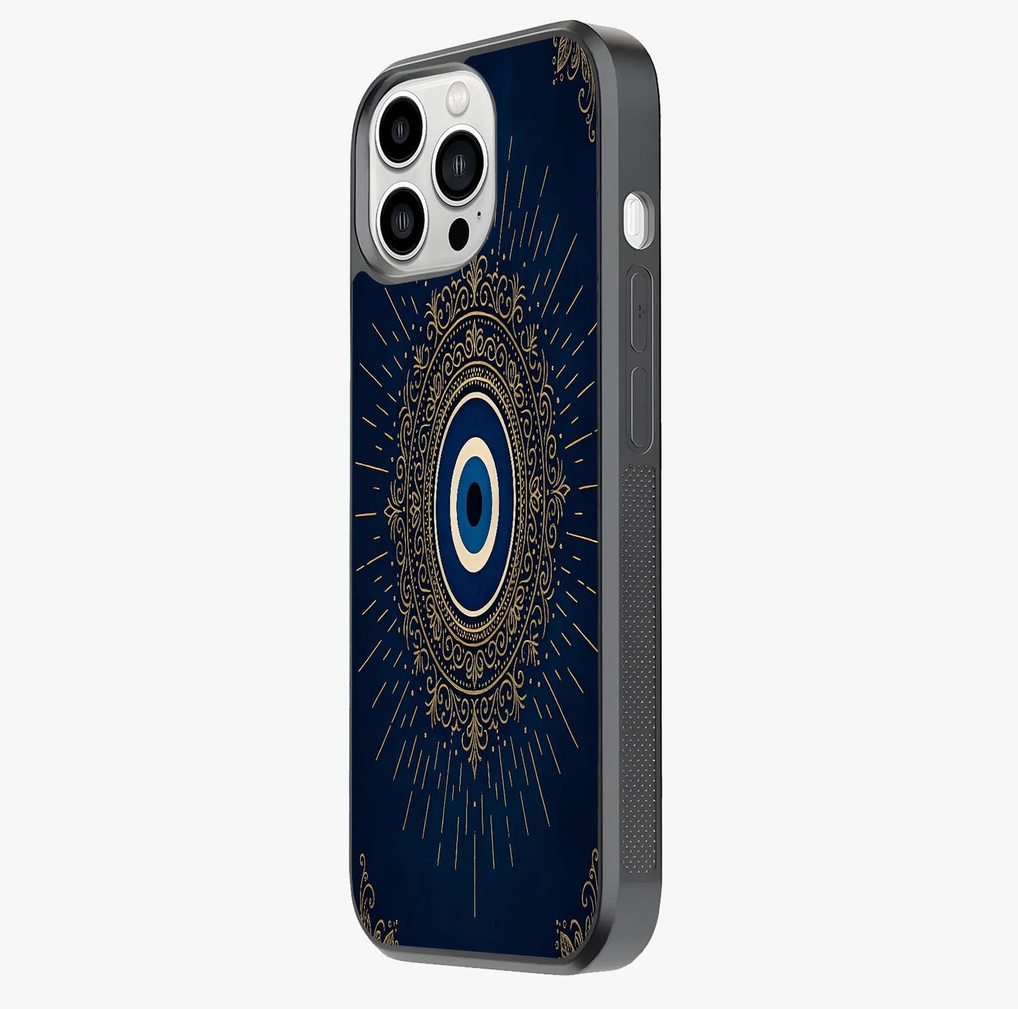 Golden Evil Eye Mandala Glass Case photographed in natural light showing reflective finish and design depth.