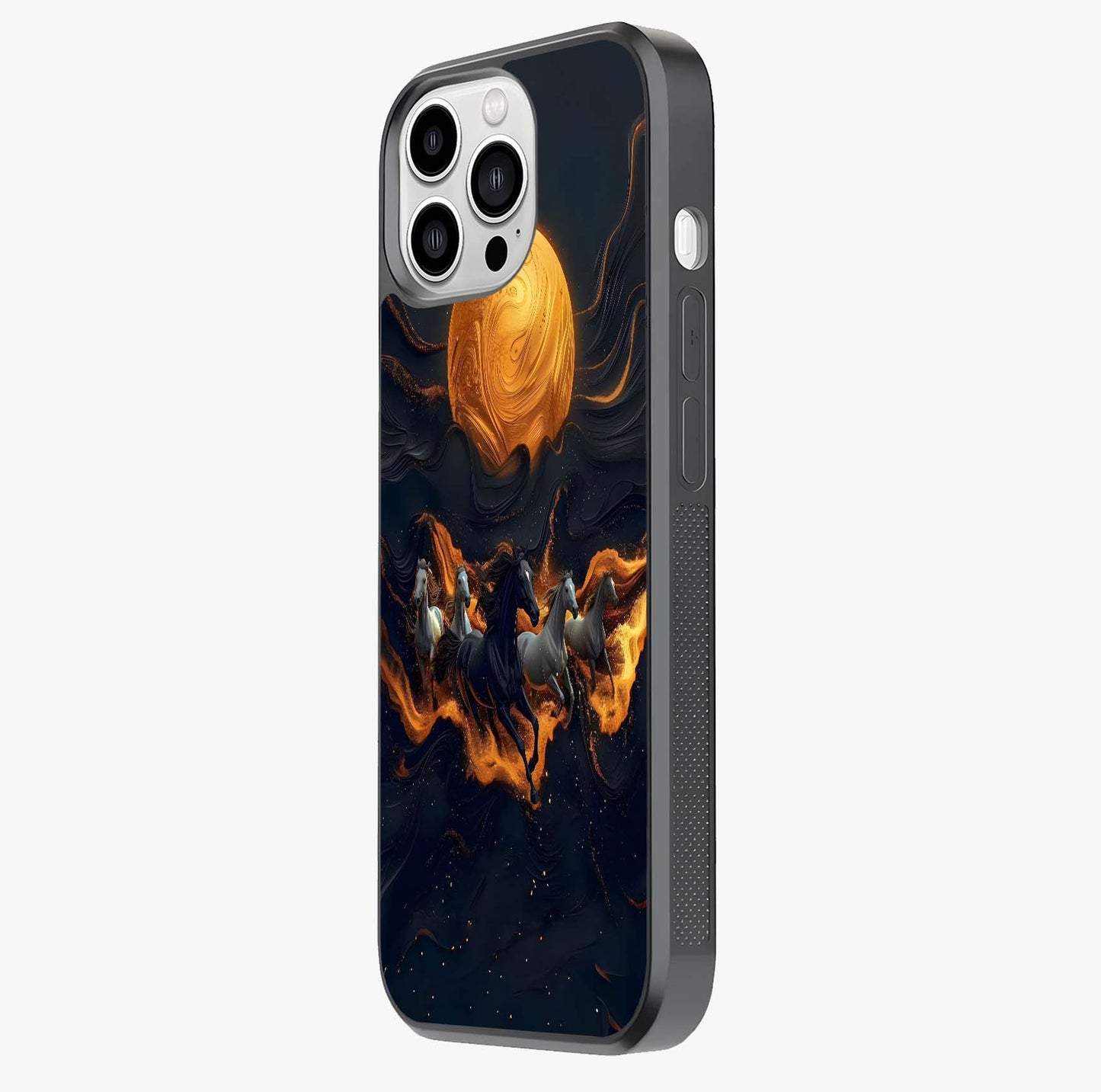 Golden Stallion Moonride Glass Case photographed in natural light showing reflective finish and design depth.
