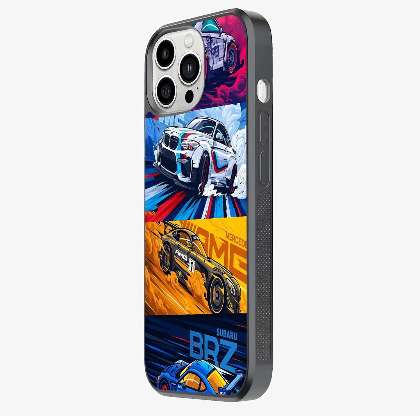 Jdm Sports Car Glass Case photographed in natural light showing reflective finish and design depth.