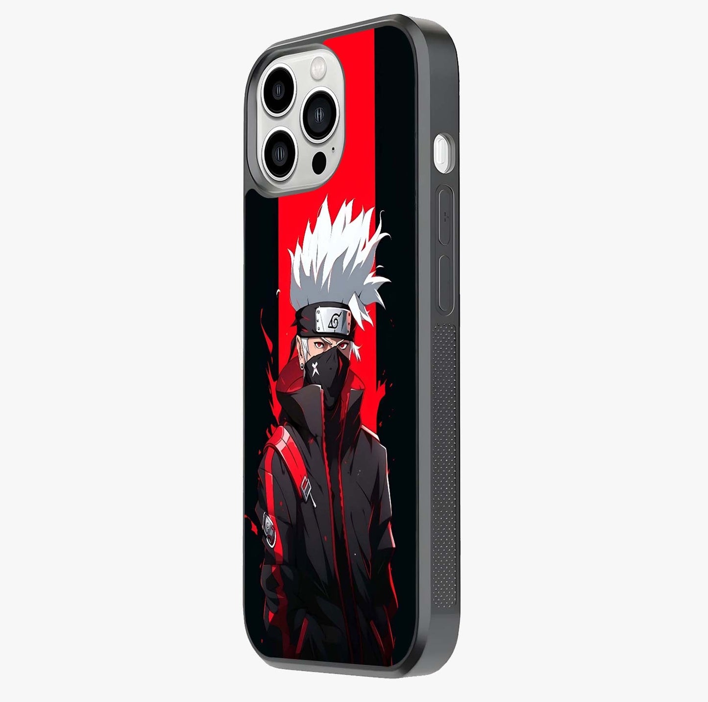Kakashi Scarlet Shadow Glass Case photographed in natural light showing reflective finish and design depth.