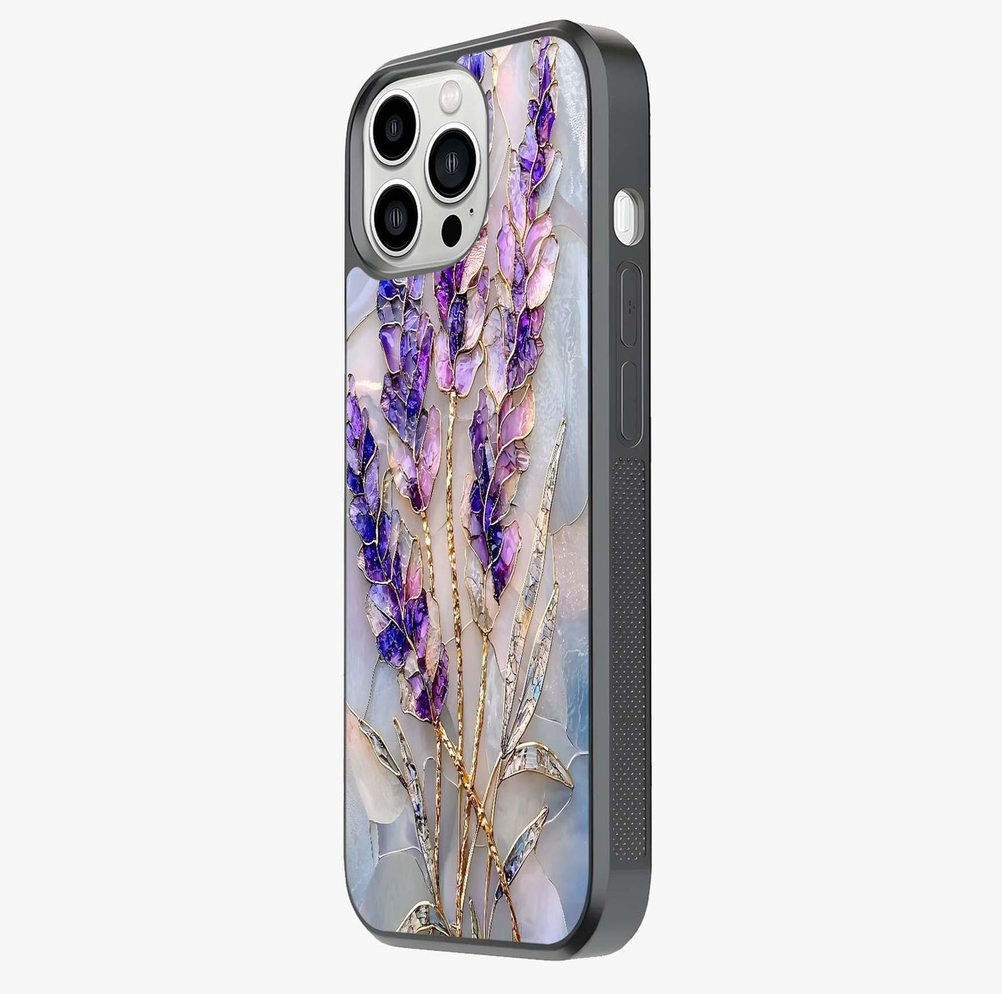 Lavender Dream Glow Glass Case photographed in natural light showing reflective finish and design depth.