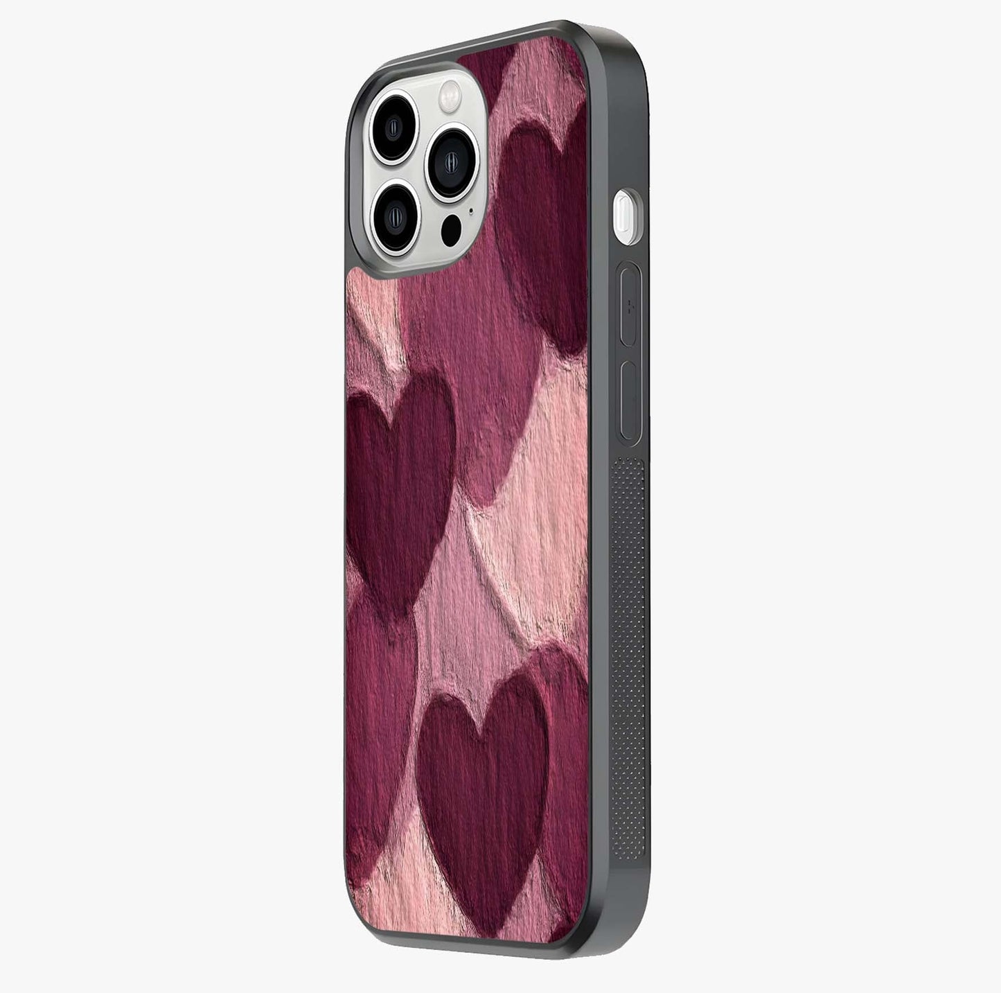 Layered Paper Hearts Glass Case photographed in natural light showing reflective finish and design depth.