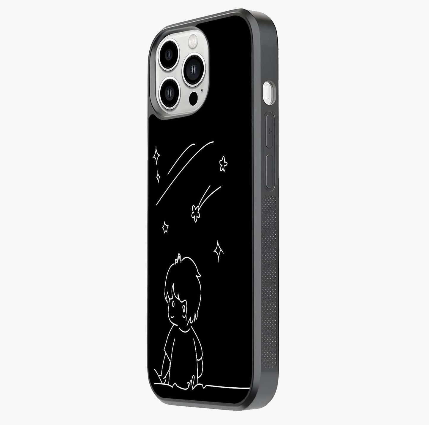 Line Art Boy With Shooting Stars Glass Case photographed in natural light showing reflective finish and design depth.
