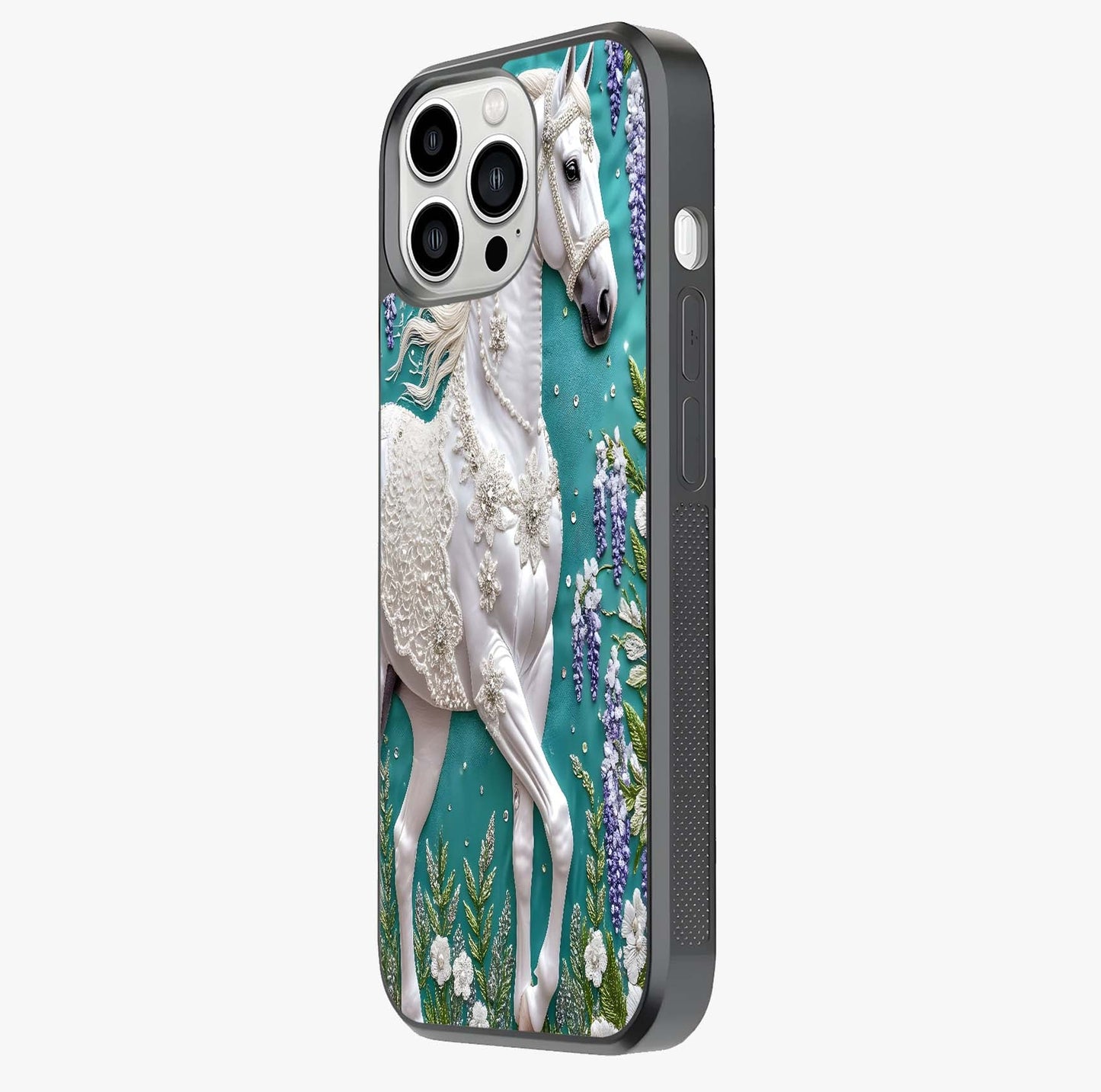 Majestic Floral Stallion Glass Case photographed in natural light showing reflective finish and design depth.