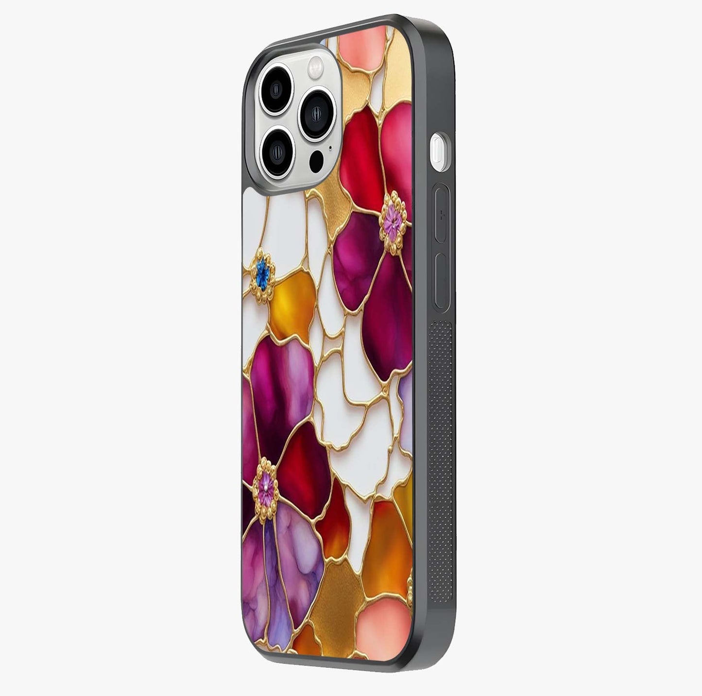 Marble Flower Pattern Glass Case photographed in natural light showing reflective finish and design depth.