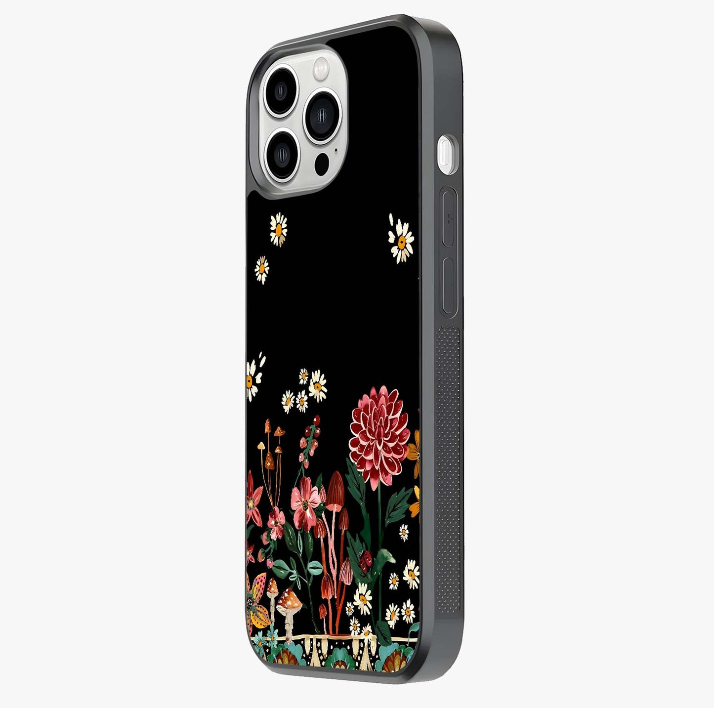 Midnight Bloom Pattern Glass Case photographed in natural light showing reflective finish and design depth.