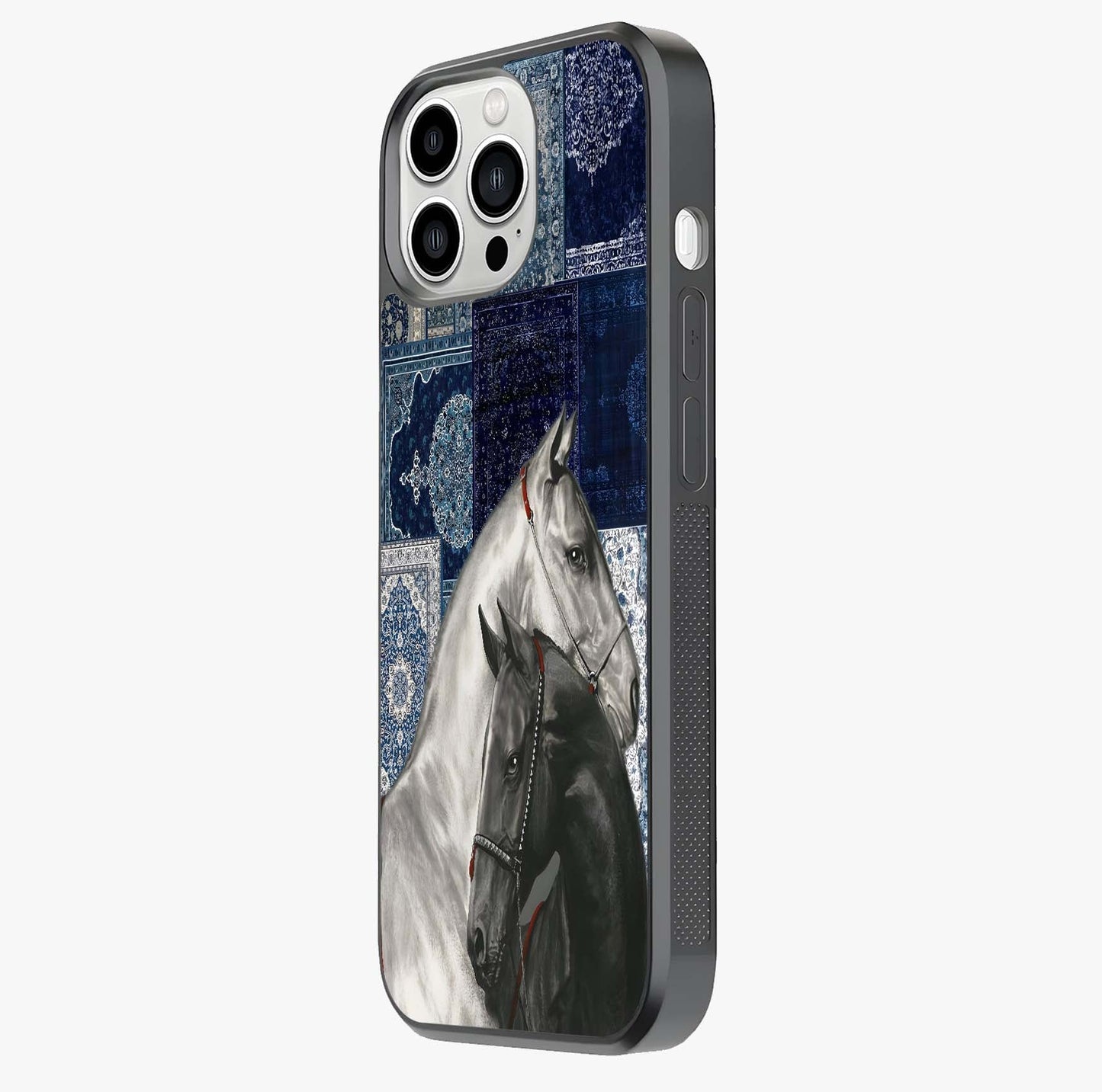 Midnight Stallion Blues Glass Case photographed in natural light showing reflective finish and design depth.