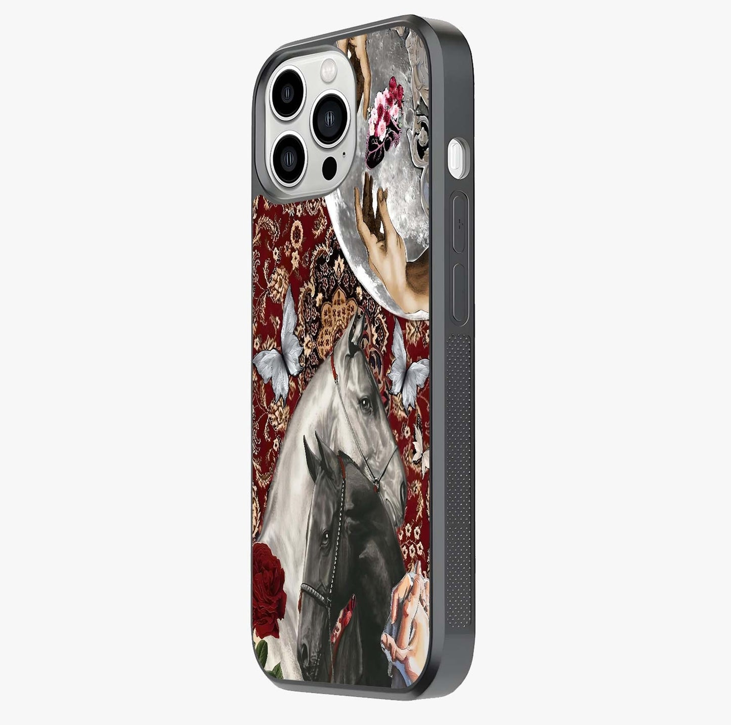 Moonlit Royal Stallion Glass Case photographed in natural light showing reflective finish and design depth.
