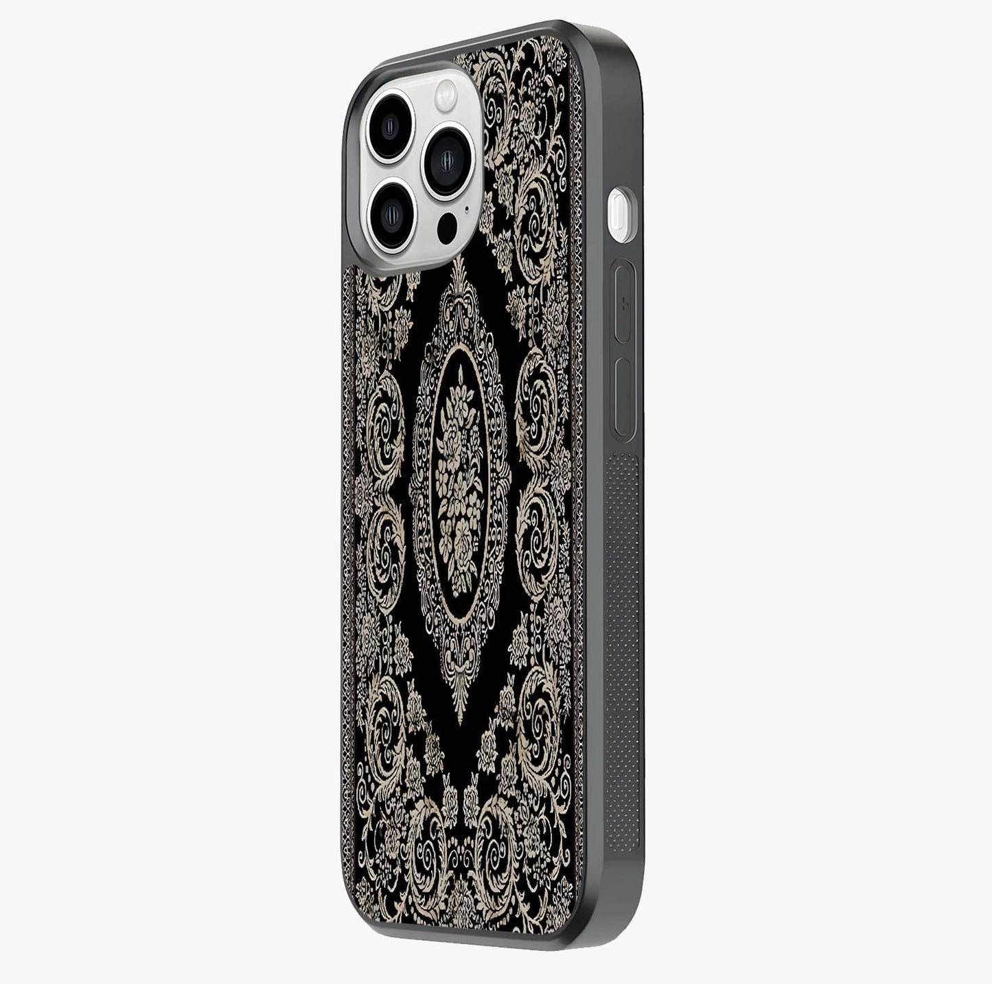 Noir Bloom Elegance Glass Case photographed in natural light showing reflective finish and design depth.