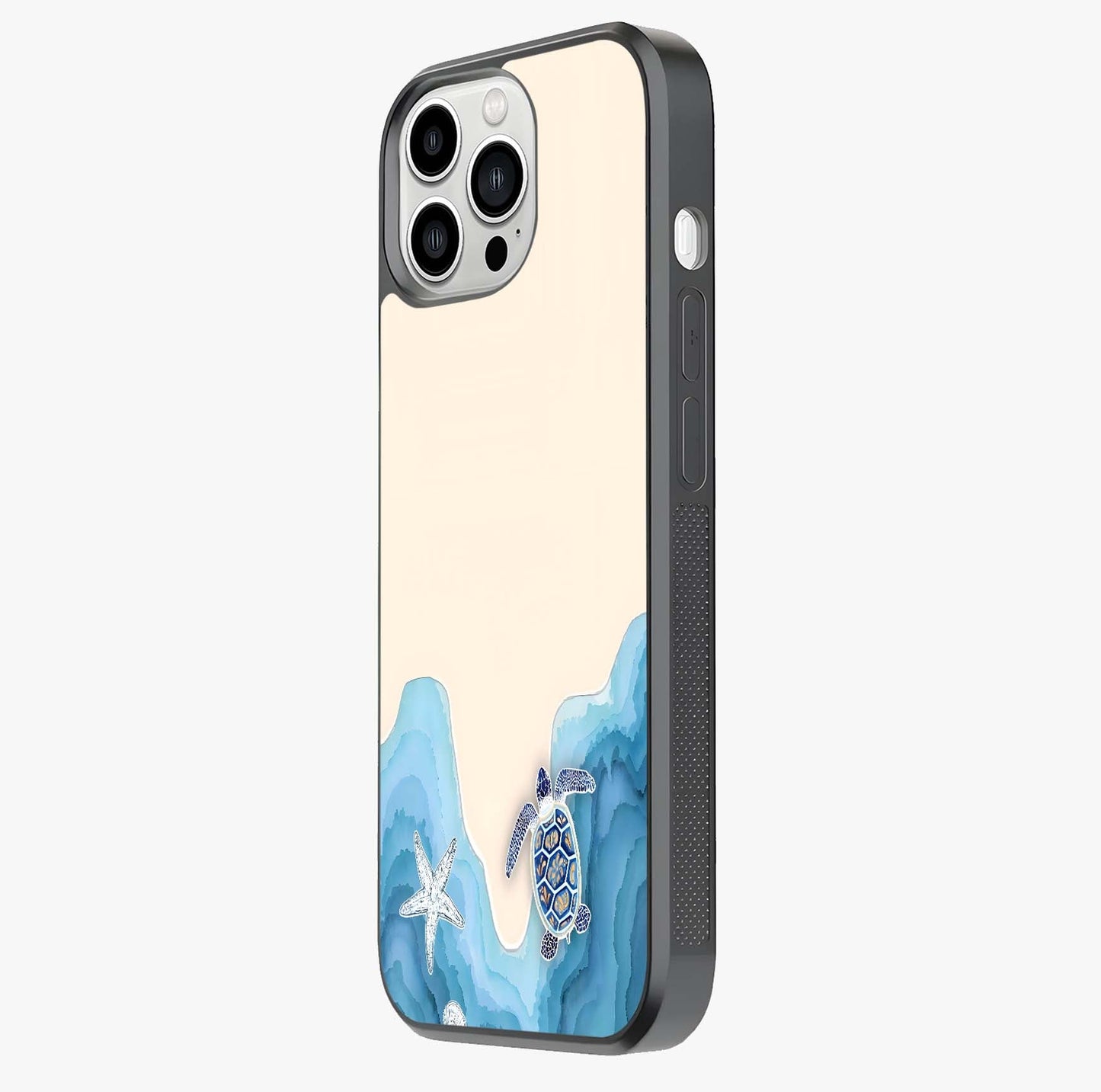 Ocean Drift Turtle Glass Case photographed in natural light showing reflective finish and design depth.