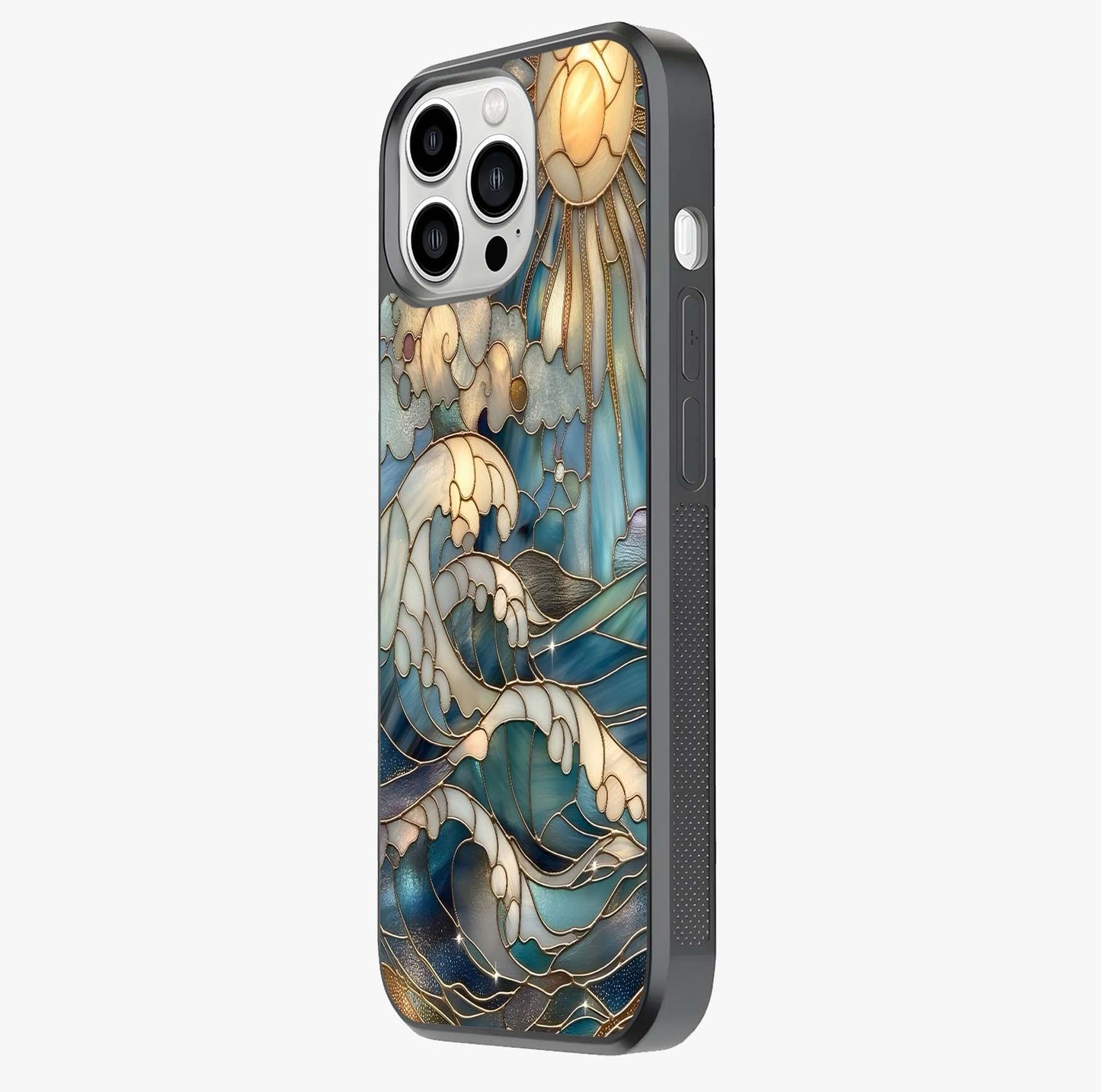 Oceanic Stained Printed Glass Case photographed in natural light showing reflective finish and design depth.