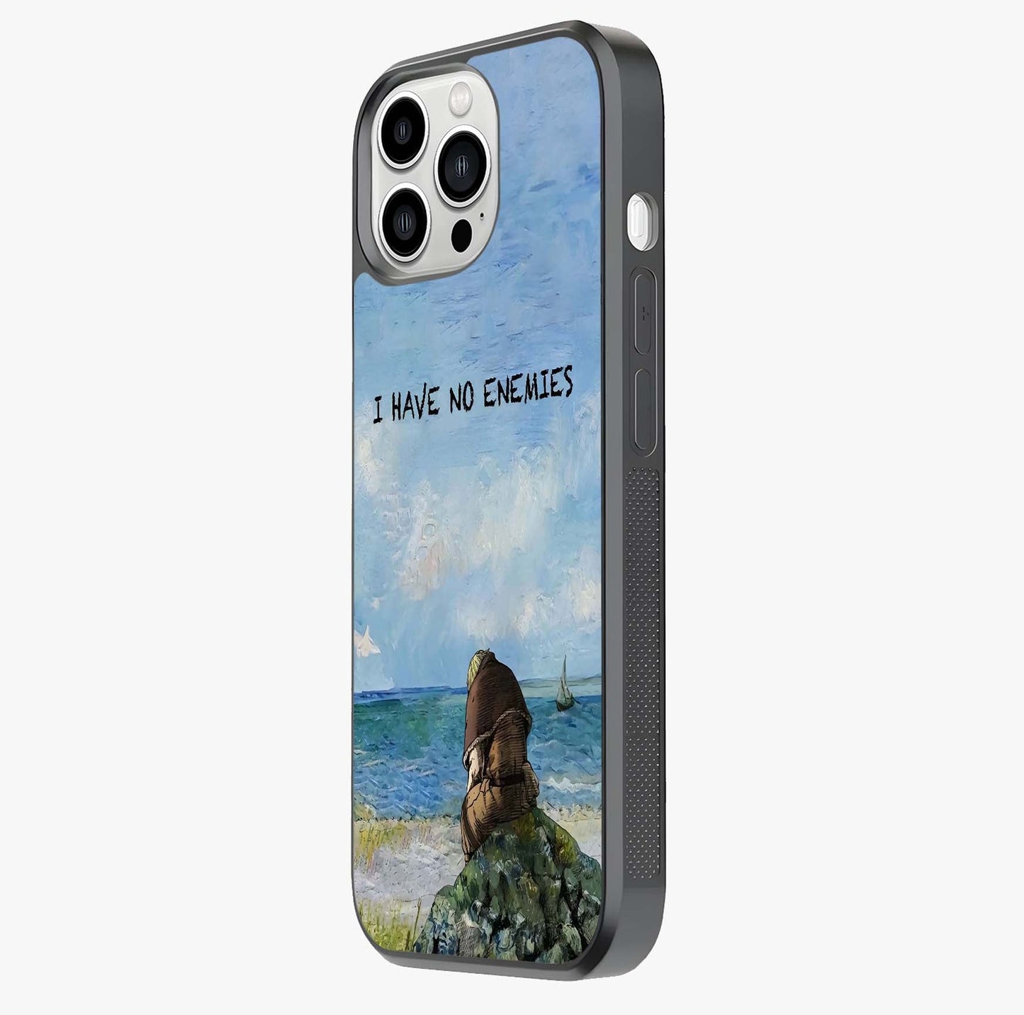 Peace Beyond War Glass Case photographed in natural light showing reflective finish and design depth.