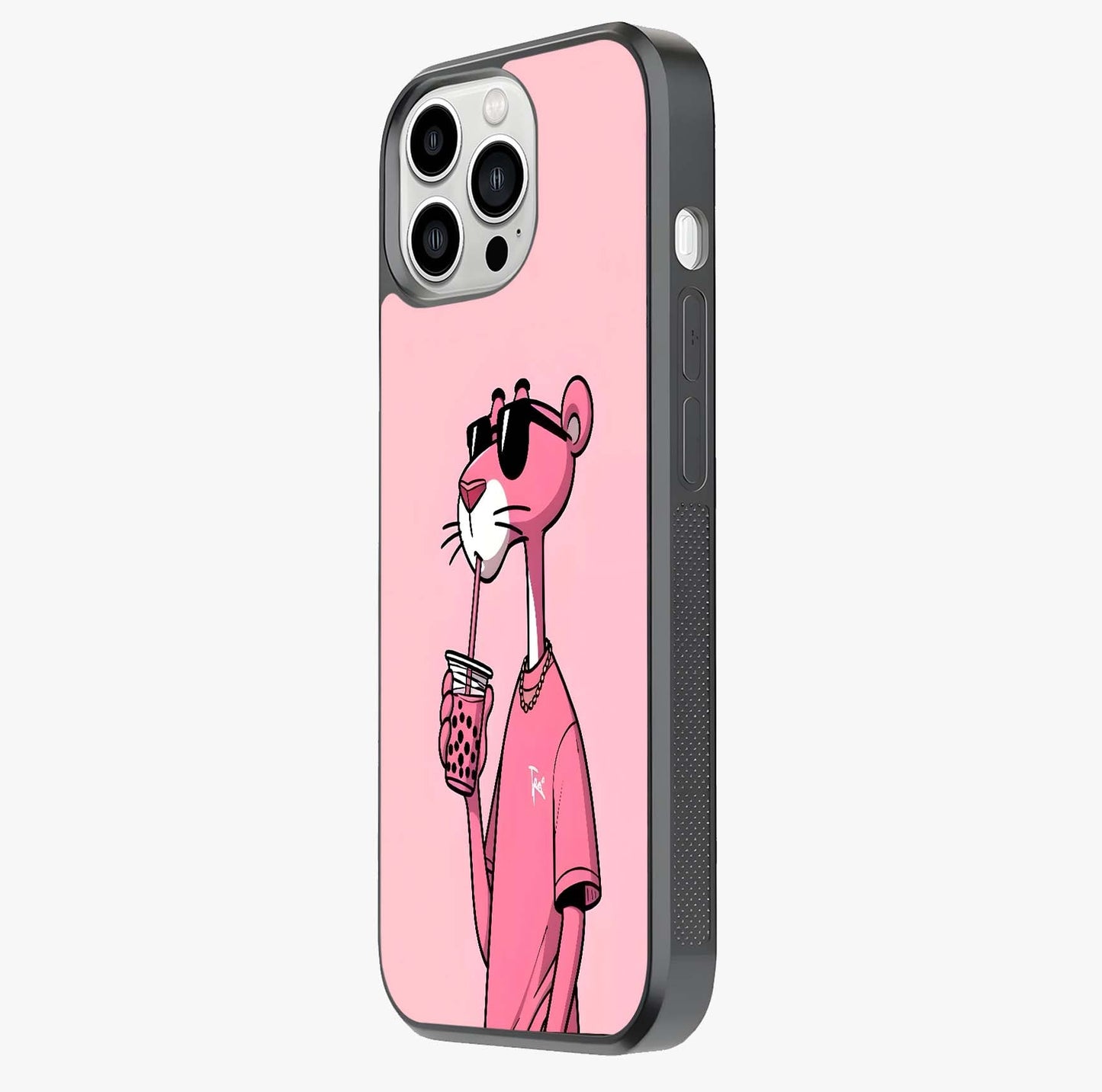 Pink Panther Glass Case photographed in natural light showing reflective finish and design depth.