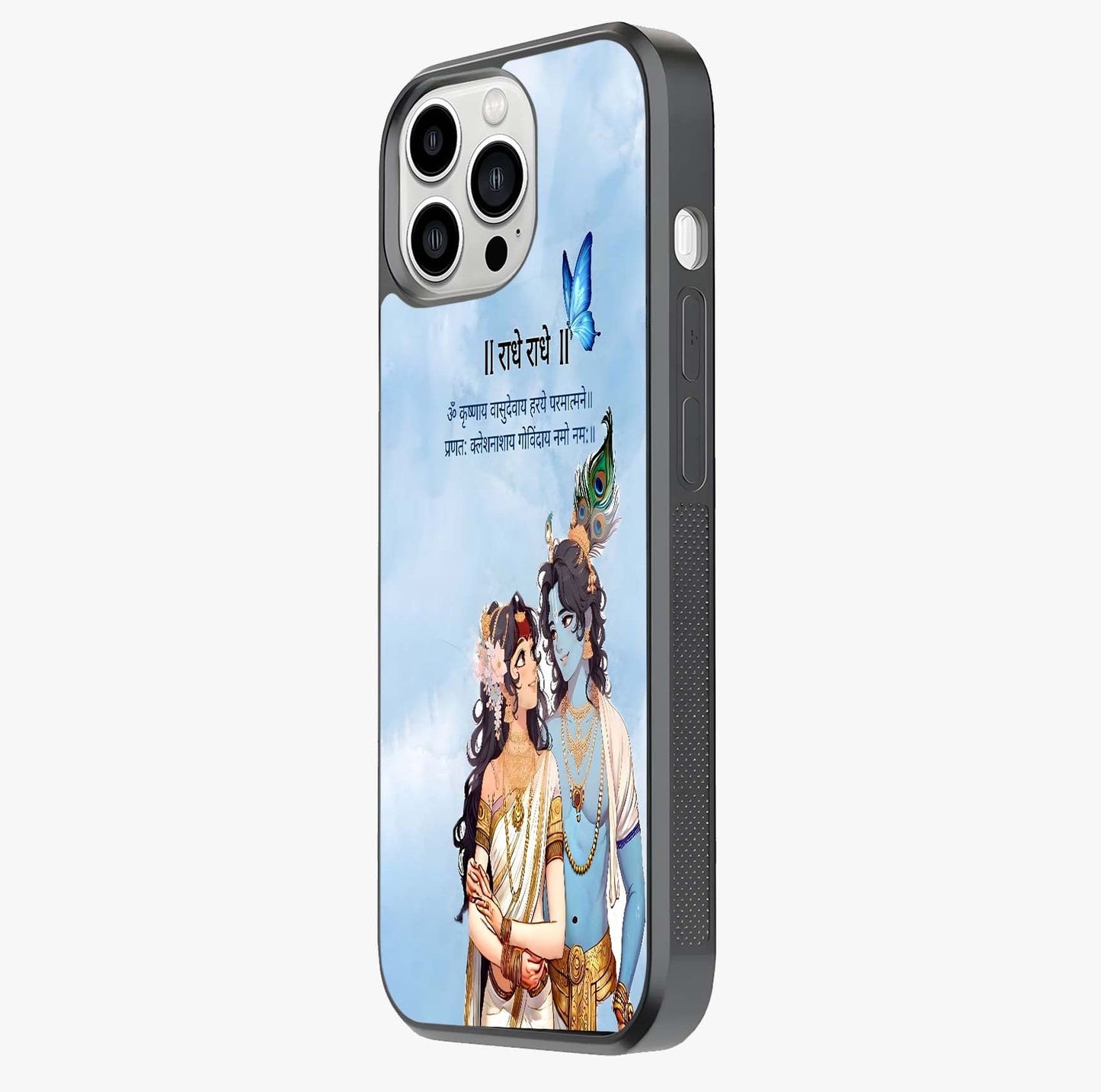 Radha Krishna Eternal Glass Case photographed in natural light showing reflective finish and design depth.