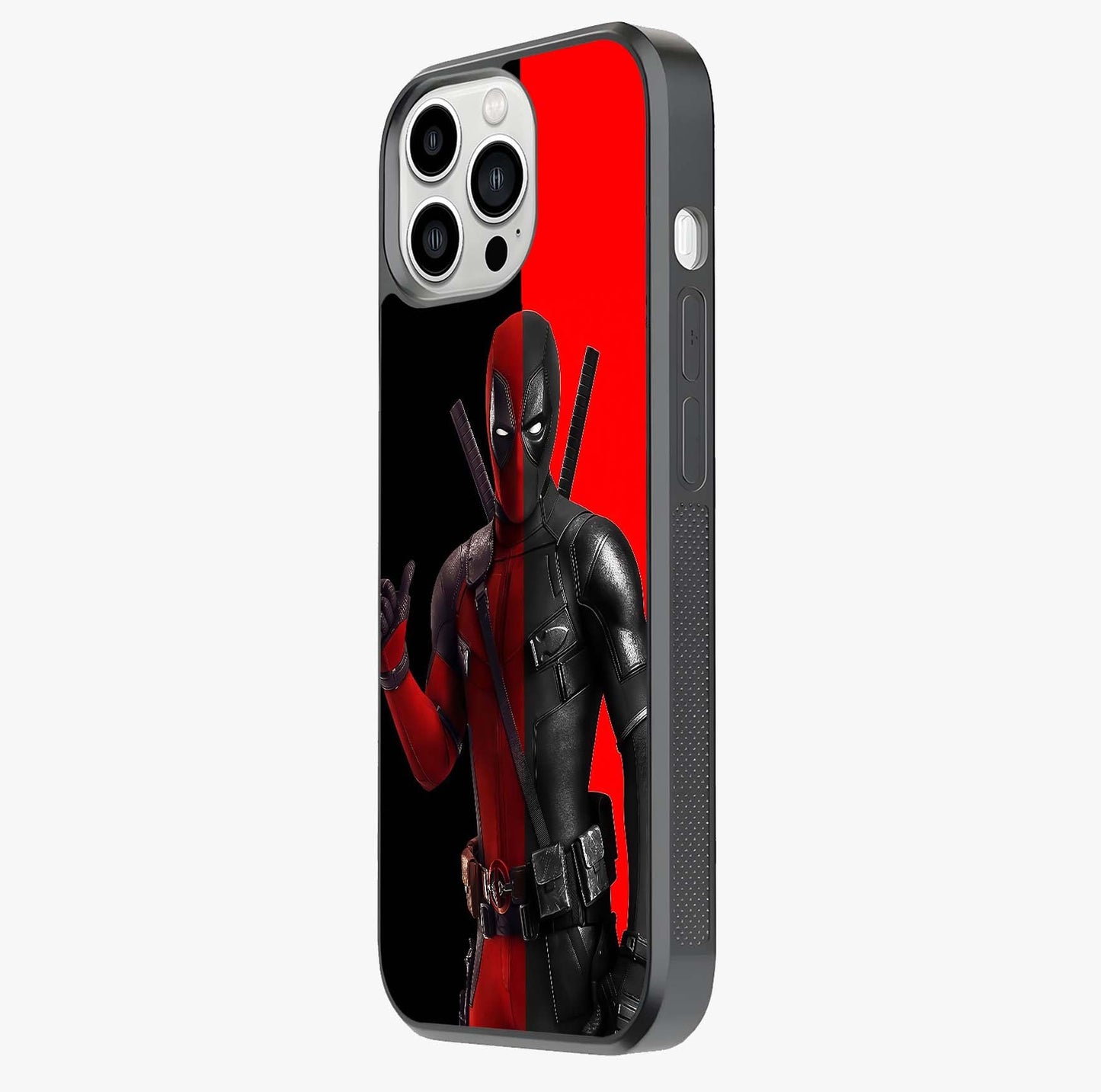 Red & Black Deadpool Theme Glass Case photographed in natural light showing reflective finish and design depth.
