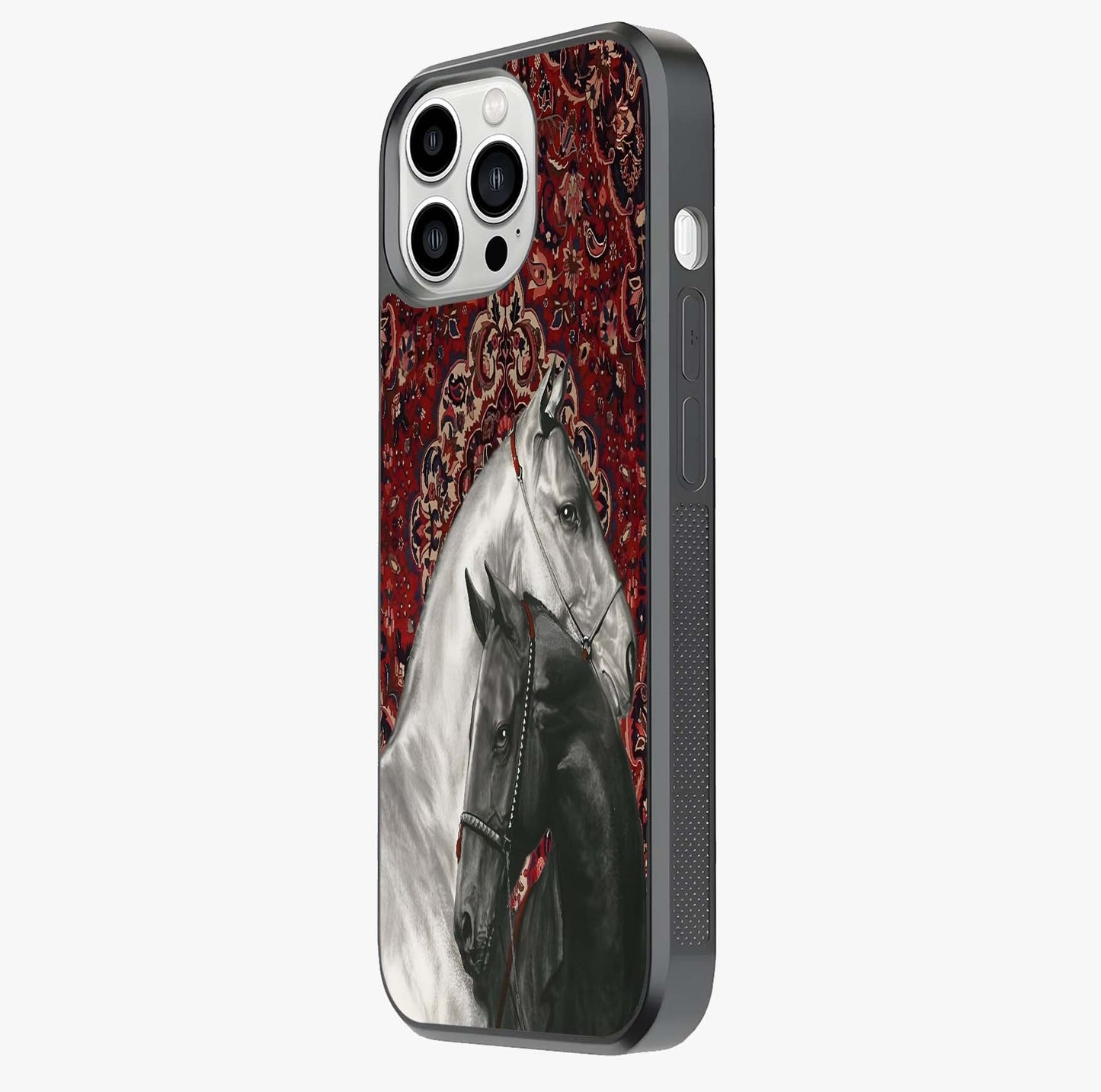 Regal Stallion Tapestry Glass Case photographed in natural light showing reflective finish and design depth.
