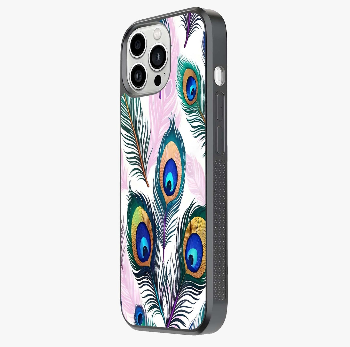 Royal Peacock Feathers Glass Case photographed in natural light showing reflective finish and design depth.