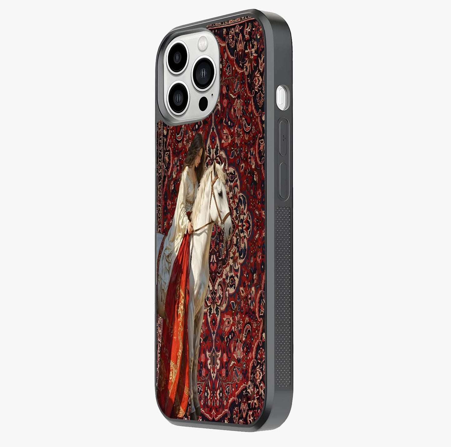 Royal Rider Tapestry Glass Case photographed in natural light showing reflective finish and design depth.