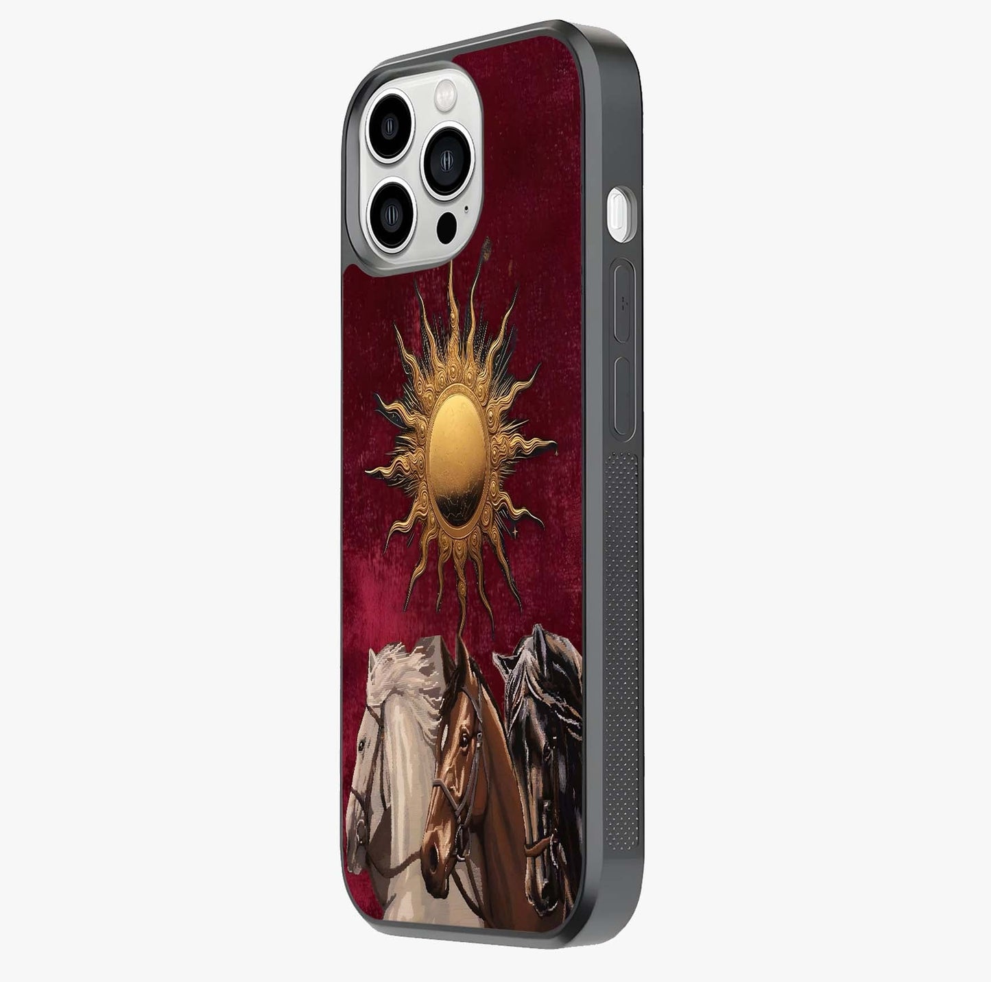 Solar Riders Glass Case photographed in natural light showing reflective finish and design depth.