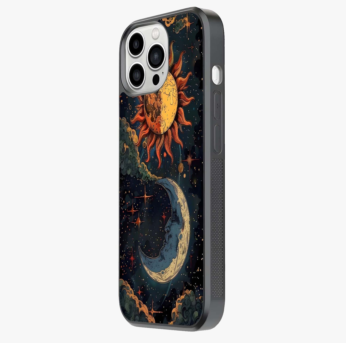 Sun And Moon Magic Design Glass Case photographed in natural light showing reflective finish and design depth.