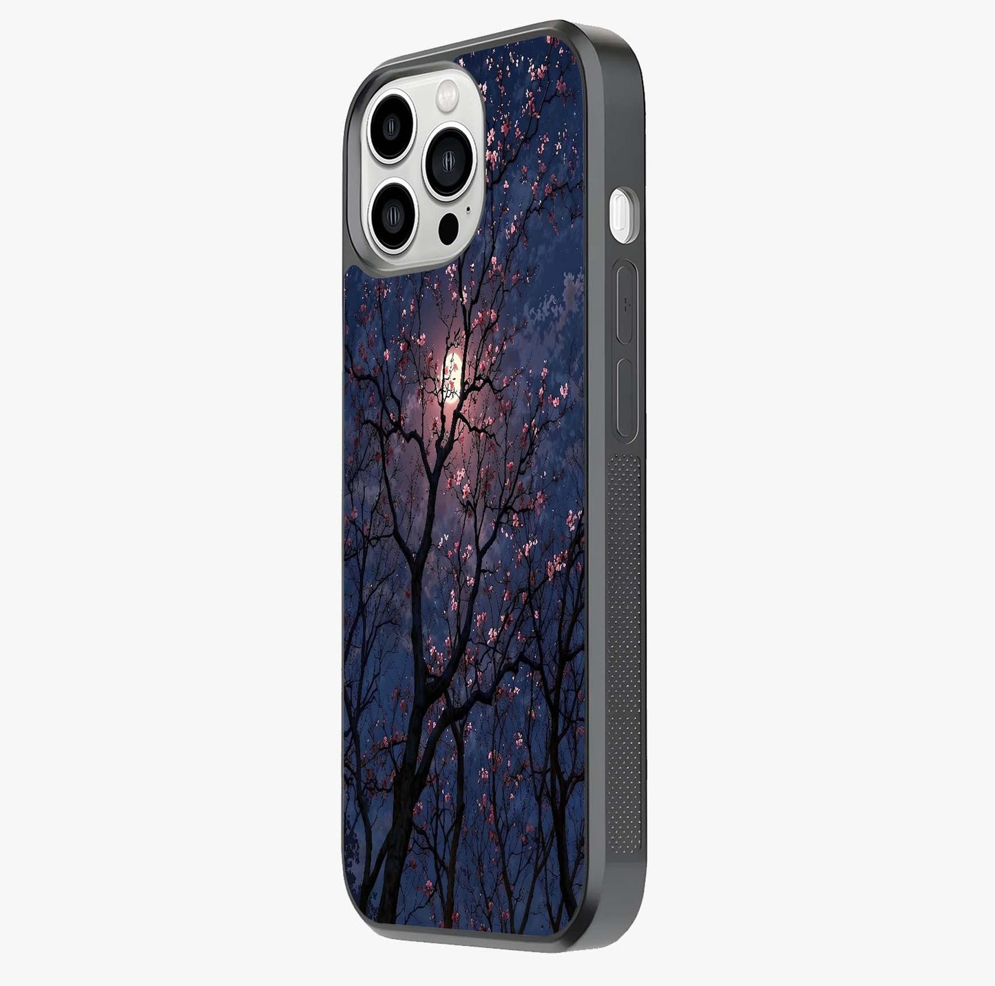 Twilight Sakura Serenade Glass Case photographed in natural light showing reflective finish and design depth.